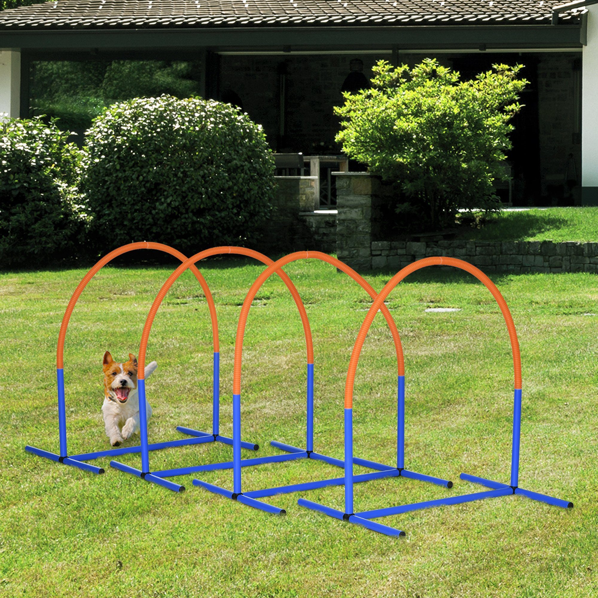 PawHut Agility-Hürde 4-teilges Steckhürdenset für ältere Hunde, PE, ABS, Hunde-Agility-Trainingsgeräte (4-tlg) Blau+Orange 88 x 64 x 95 cm