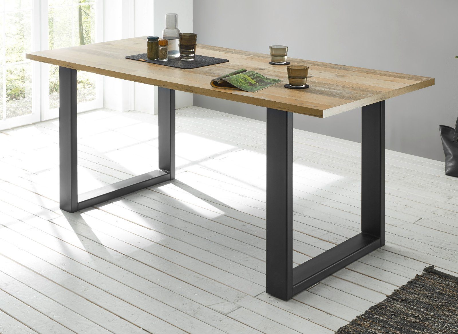 Furn.Design Esstisch Stove (Küchentisch in Used Wood und Anthrazit, 180 x 80 cm), Metallgestell