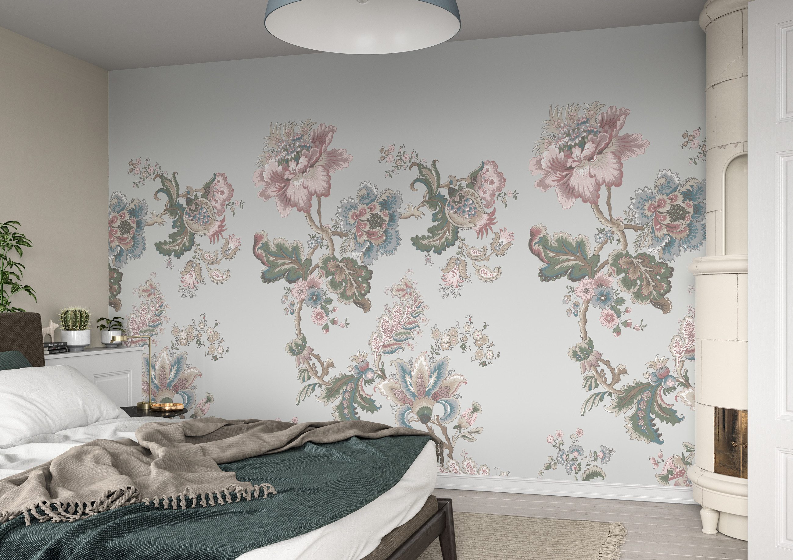 Rasch Fototapete Paisley Blumenranken - Vliestapete Grau Braun Grün, floral, (1 Rolle, 1 St., 3 m x 2 m), Lichtbeständige Farben - Feucht abwischbar - Restlost abziehbar