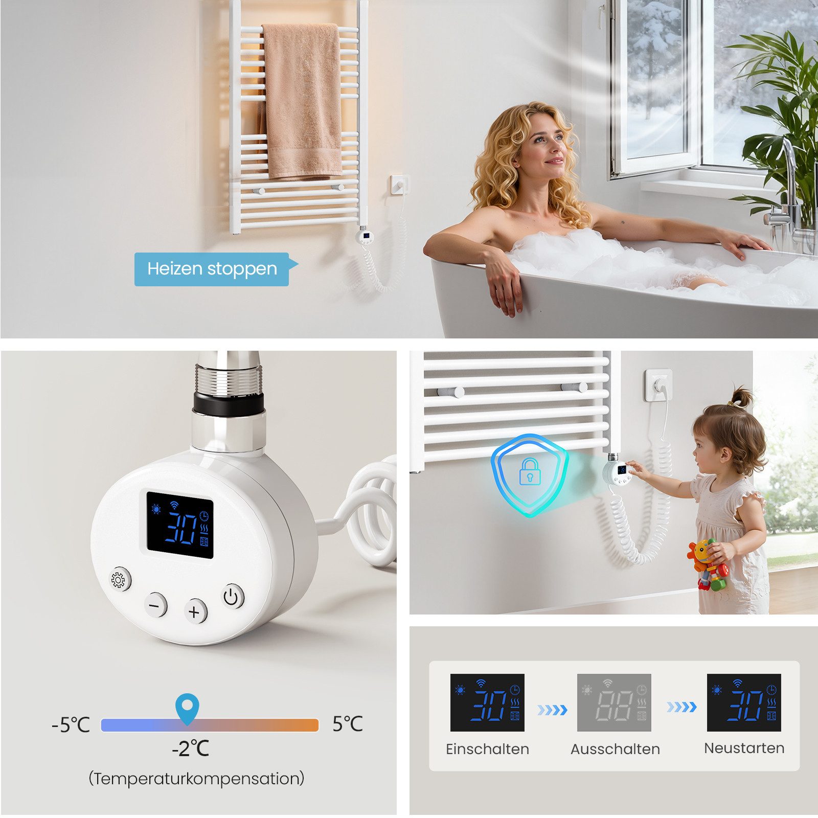 MEYKOERS Elektrischer Badheizkörper Handtuchheizkörper mit Smart WiFi Thermostat Heizstab, 500W/600W, Höhe: 120 cm, Intelligente Steuerung, 4 Modi und Smartes Heizen