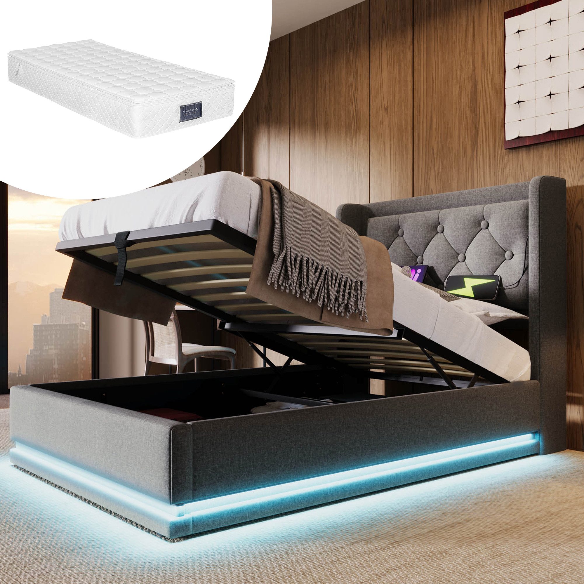 OKWISH Polsterbett Einzelbett USB-C Anschluss LED Lichtleiste Baumwollbezug 90x200 cm (Stahlrahmen mit Hydraulisch anhebbarer Bettstauraum Holz-Lattenrost, 2-tlg., Baumwolle Einzelbett mit USB Typ-C Anschluss 90x200 cm mit Matratze), 3-seitige Farbwechsel LED Lichtleiste weich Kopfteil Schaum-Polsterung