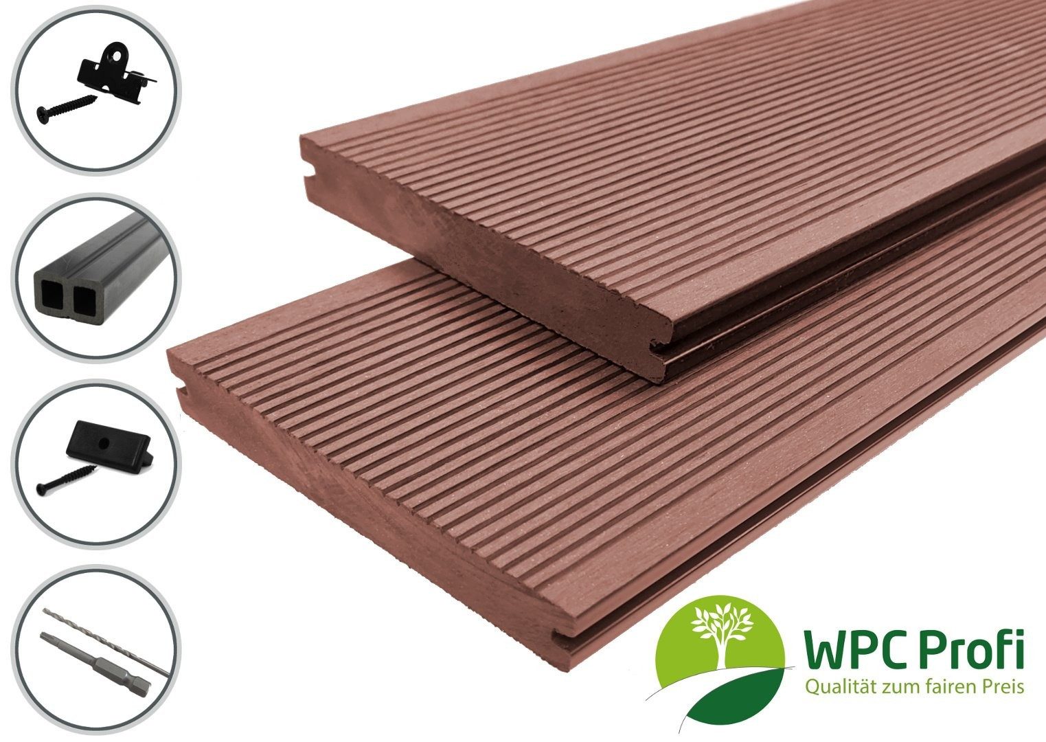 WPC Profi Terrassendielen Terrassen Komplettbausatz Redwood braun Massiv 20mm Bausatz 2 - 60m², (Komplettset, mit Unterkonstruktion, Clips und Schrauben)