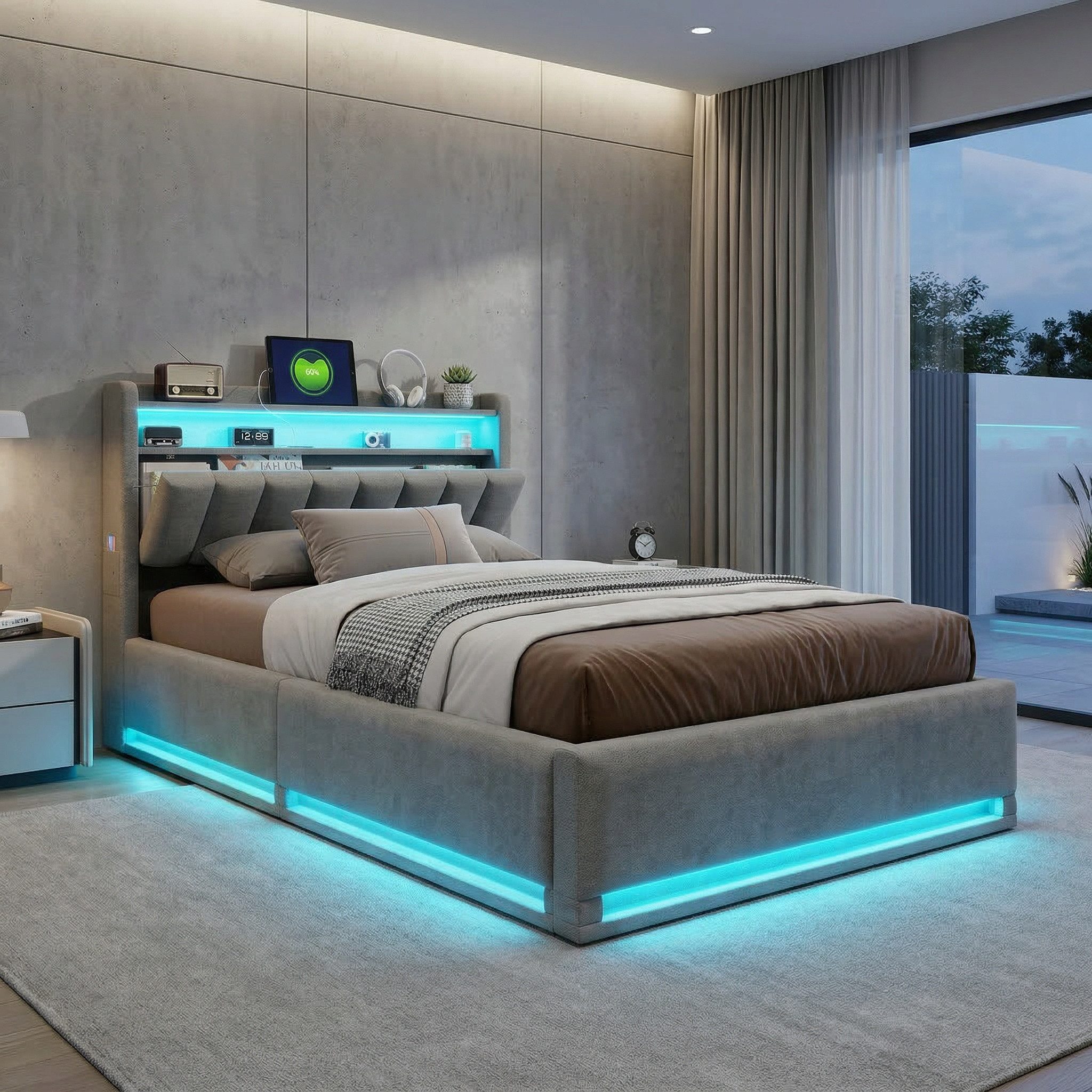 PXloue Polsterbett LED Doppelbett, Bettkasten, Ladefunktion, Samt, 90x200 cm