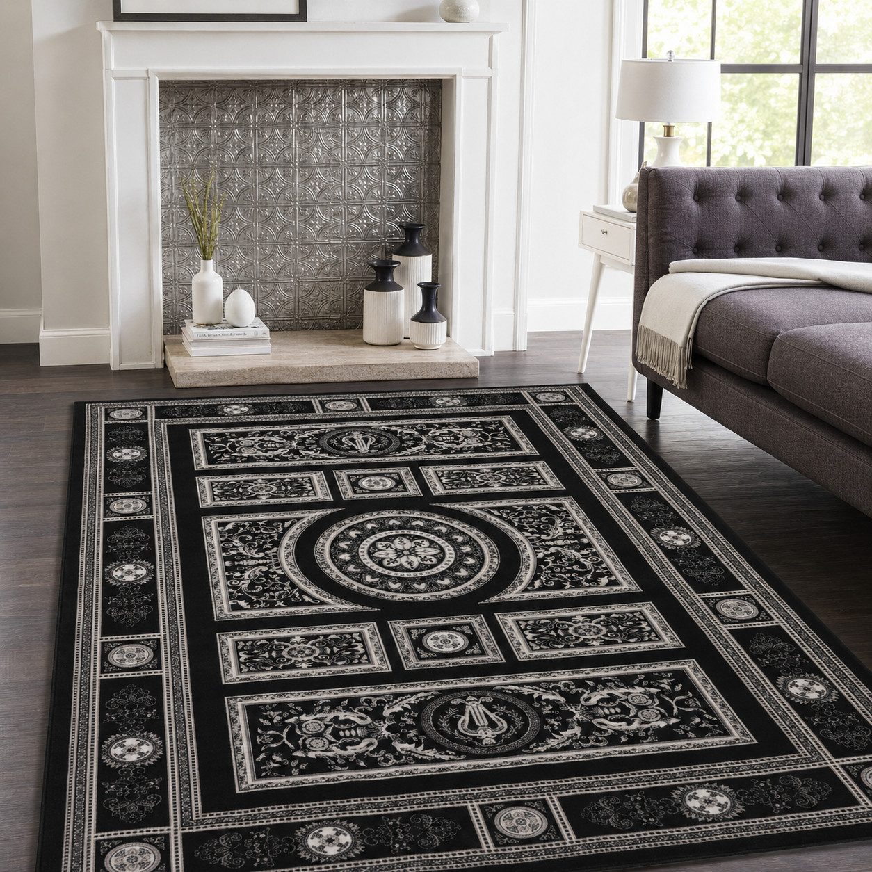 Vimoda Orientteppich Kurzflor Schwarz & Gold, Wohnzimmerteppich mit Ornament Muster, Rechteckig, Höhe: 8 mm, Bordüre, pflegeleichter Wohnzimmerteppich, schlafzimmer
