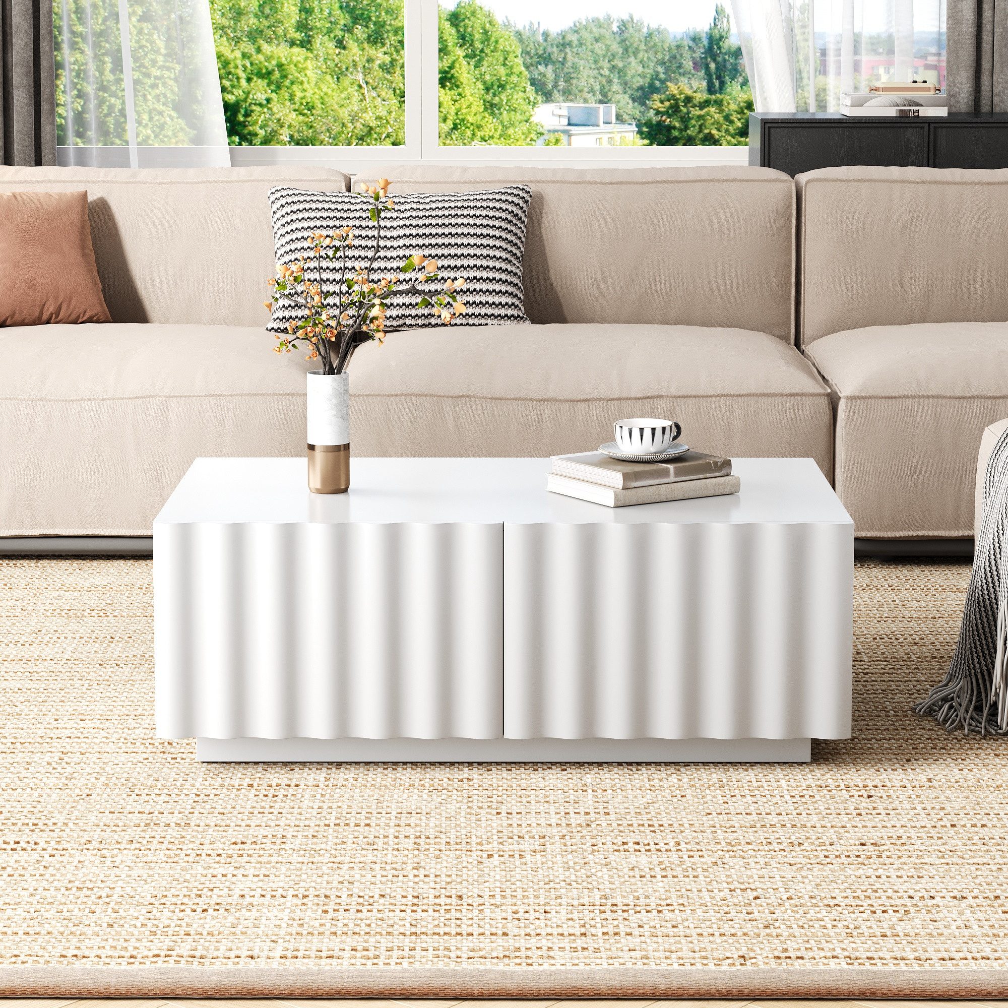 Merax Couchtisch mit Wellenmuster und 2 Schubladen (1-St), Wohnzimmertisch mit Stauraum, 100x50x40 cm – Bild 4 von 5