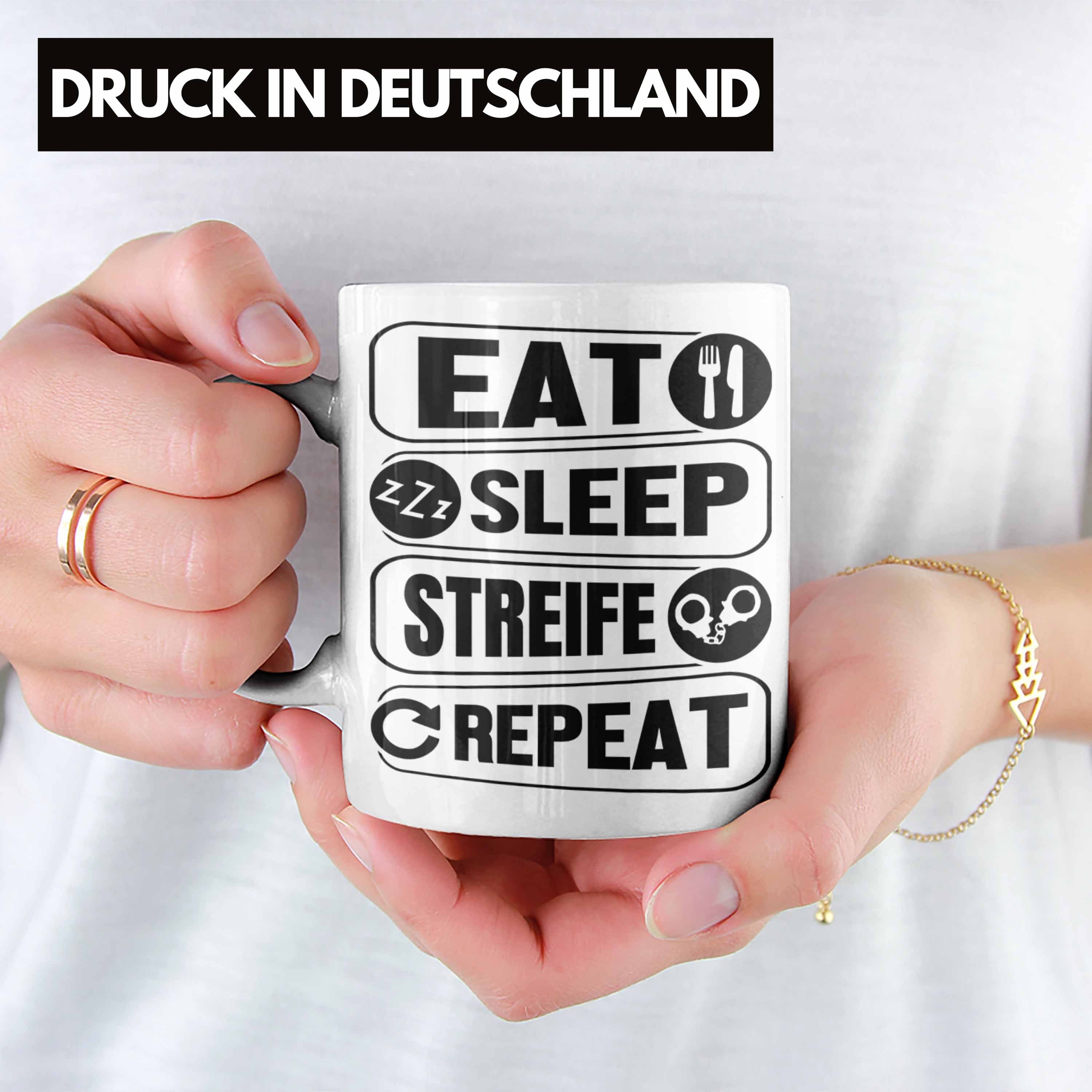 Sleep Streife Geschenkidee Geschenk Weiss Tasse Trendation Repeat Polizei Polizist Eat Tasse