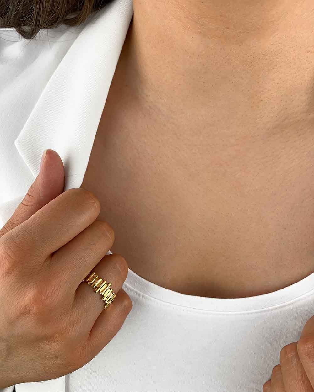 DANIEL CLIFFORD Silberring 'Brenda' Damen Ring Silber 925 14 Karat vergoldet, größenverstellbar (inkl. Verpackung), Goldring mit asymmetrischer Form und glanzvoller Oberfläche