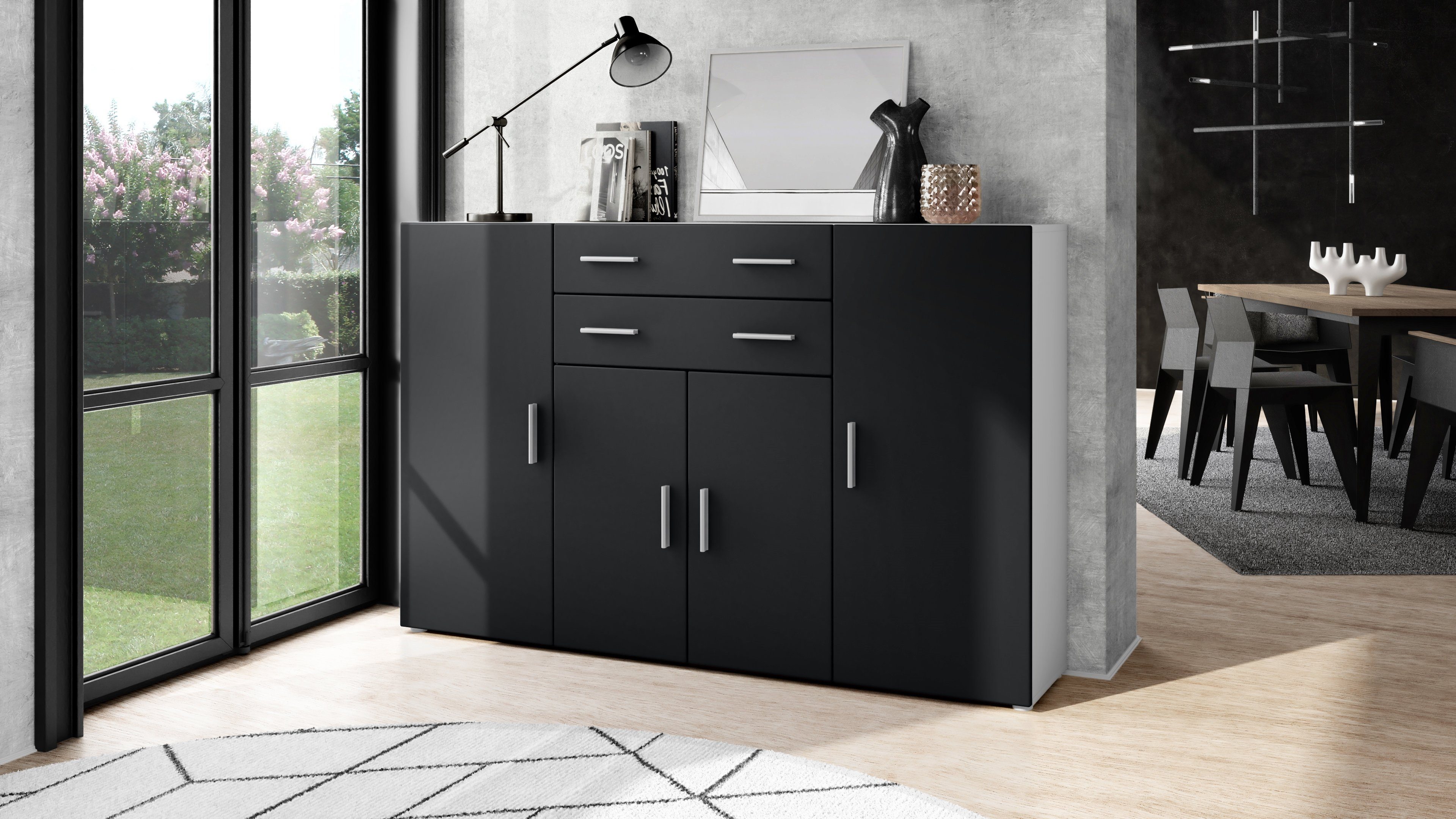 Vladon Highboard Aron (Anrichte, mit 4 Türen und 2 Schubladen), Weiß matt/Schwarz matt (166,5 x 106,5 x 35 cm)