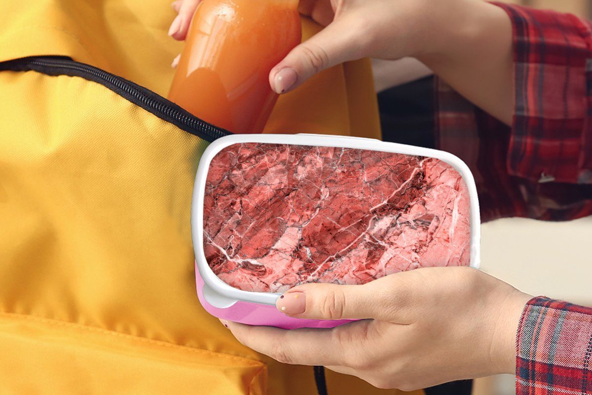 Granit - Kunststoff, (2-tlg), - für Mädchen, Snackbox, Rosa, Lunchbox Kristalle Rot - Kunststoff MuchoWow Brotdose Erwachsene, Kinder, Brotbox
