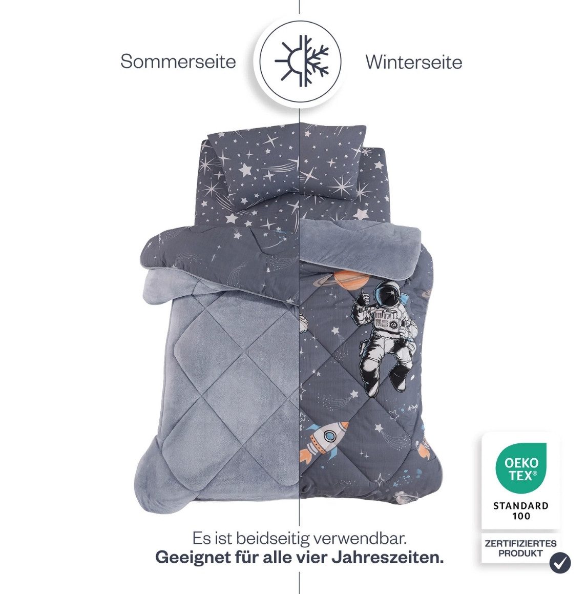 Formeya Kinderbettwäsche Astronauten Wellsoft Wendesteppdecke 155x220 cm mit Spannbettlaken