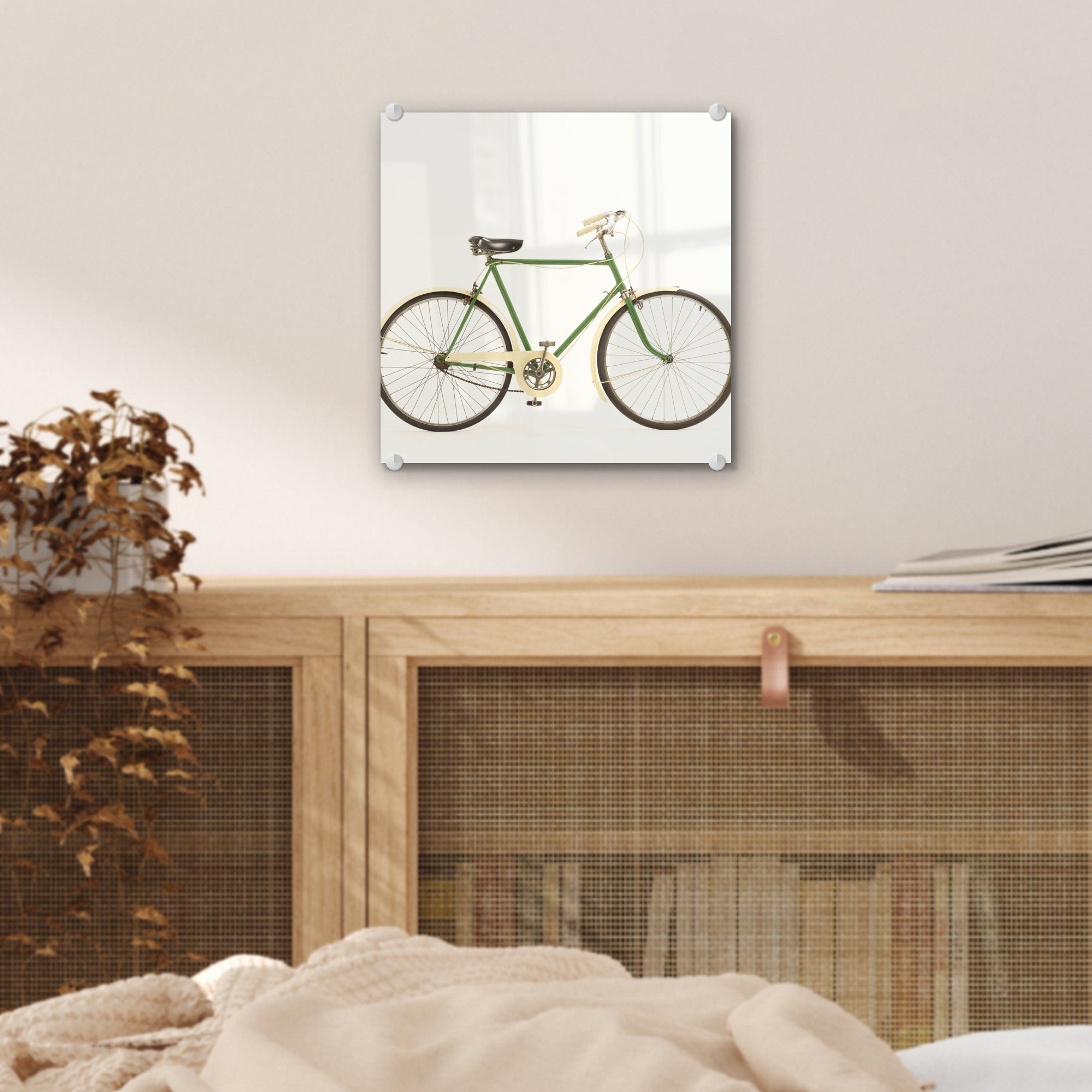 - Bilder Ein auf Wandbild Glas MuchoWow grünes Glas - Glasbilder Foto Fahrrad, Acrylglasbild St), Wanddekoration auf einzigartiges (1 -