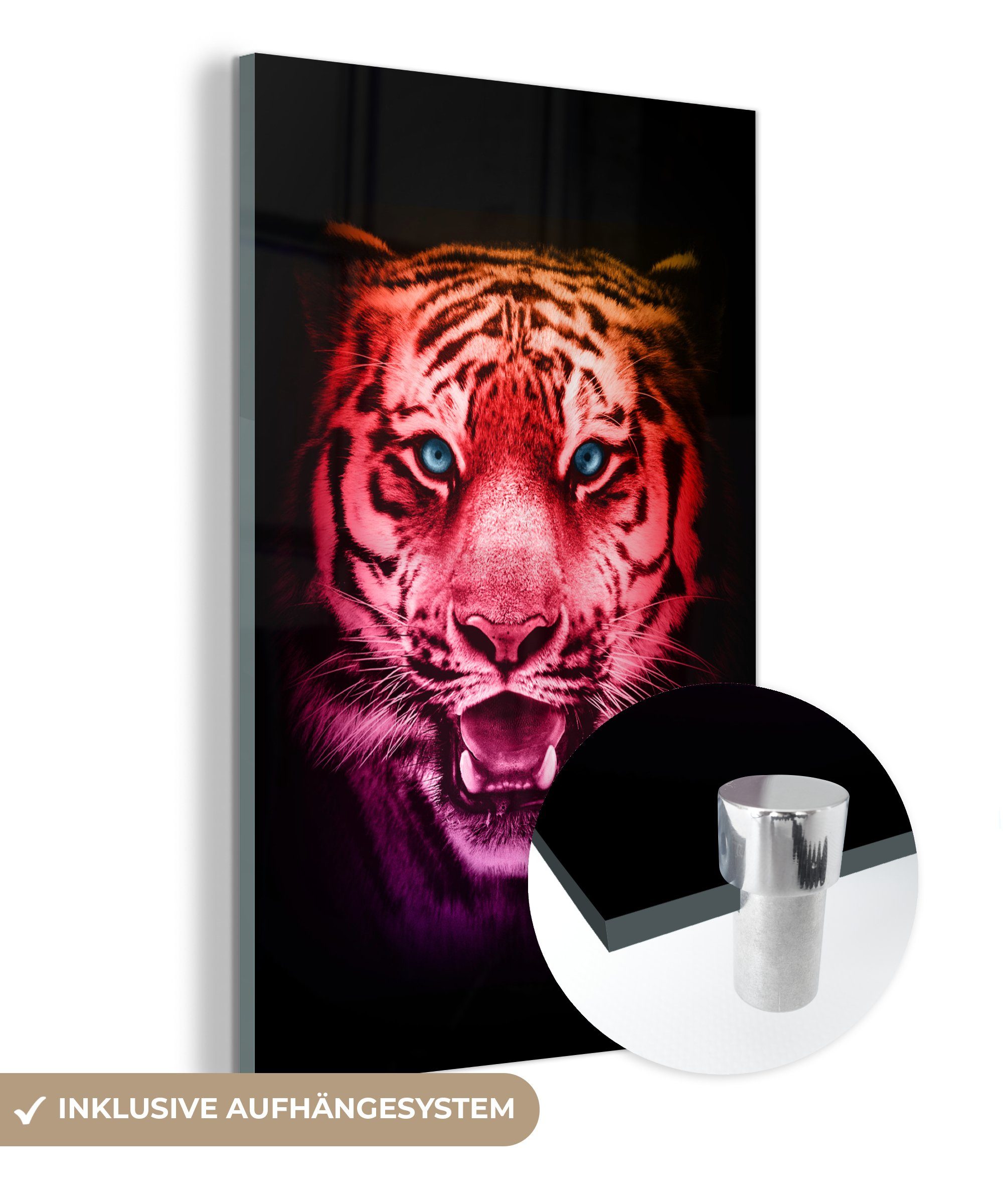 MuchoWow Acrylglasbild Tiger - Orange - Rot, (1 St), Glasbilder - Bilder auf Glas Wandbild - Foto auf Glas - Wanddekoration bunt