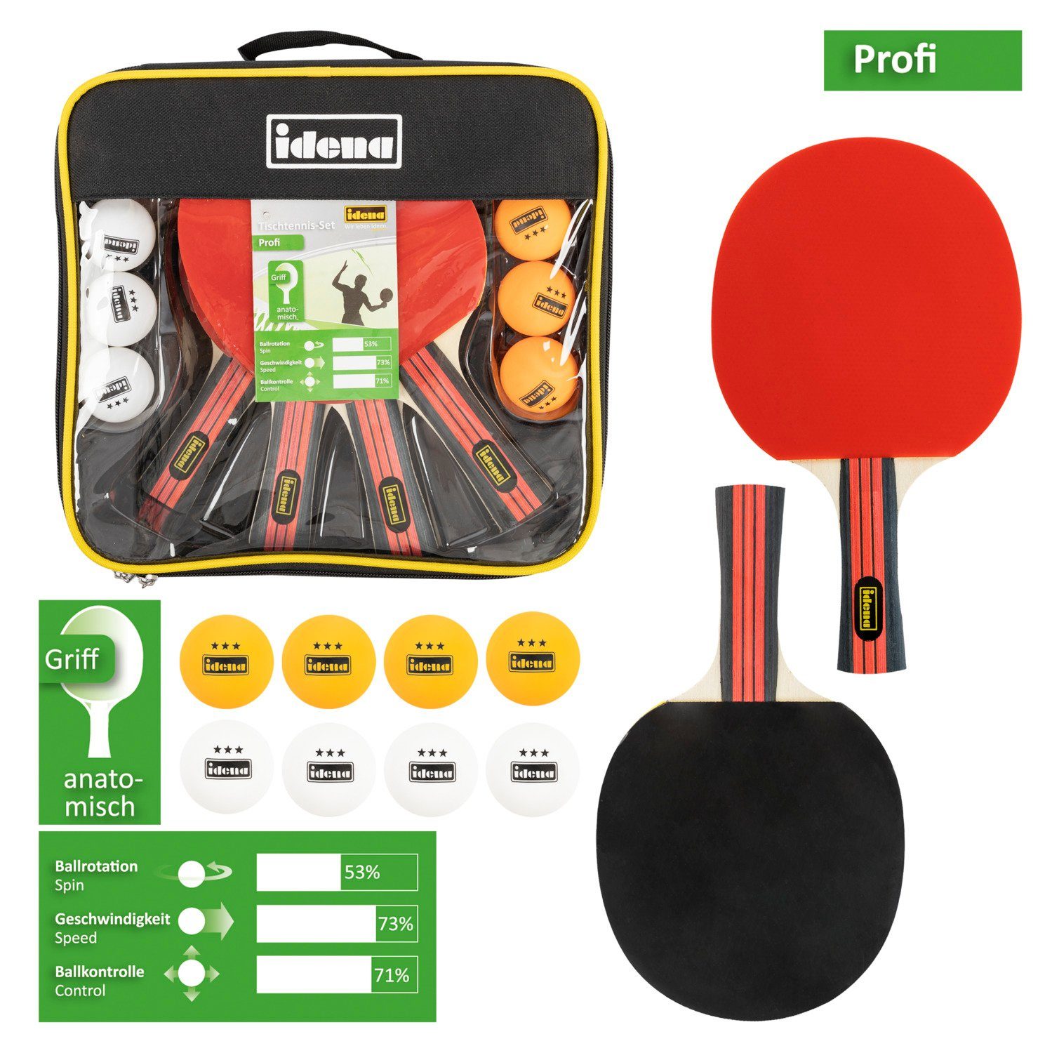 Tischtennisschläger Idena 40222 - 12-teiliges Tischtennis-Set mit 4 Tischtennisschlägern