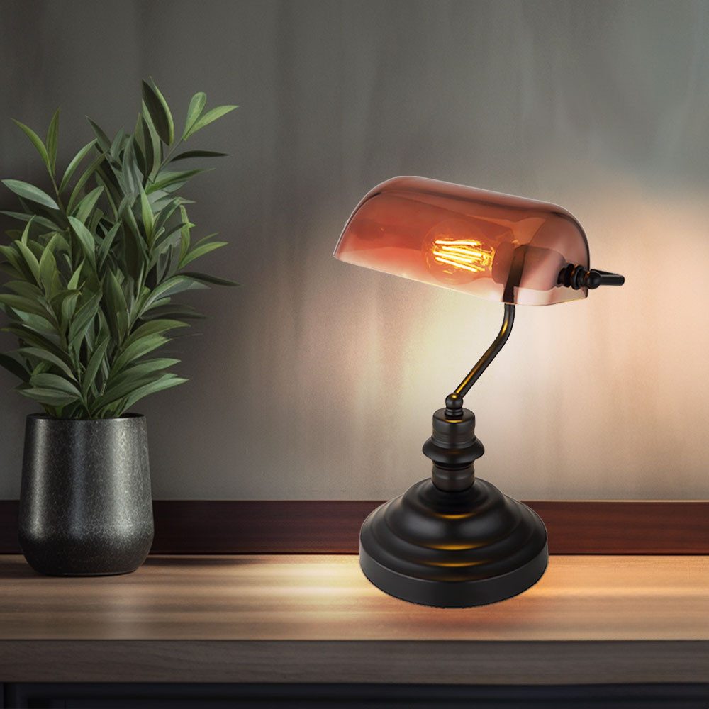 GLOBO LIGHTING Schreibtischlampe, Leuchtmittel nicht inklusive, Tischleuchte Wohnzimmerlampe Metall Glas kupferfarben E27 H 36 cm