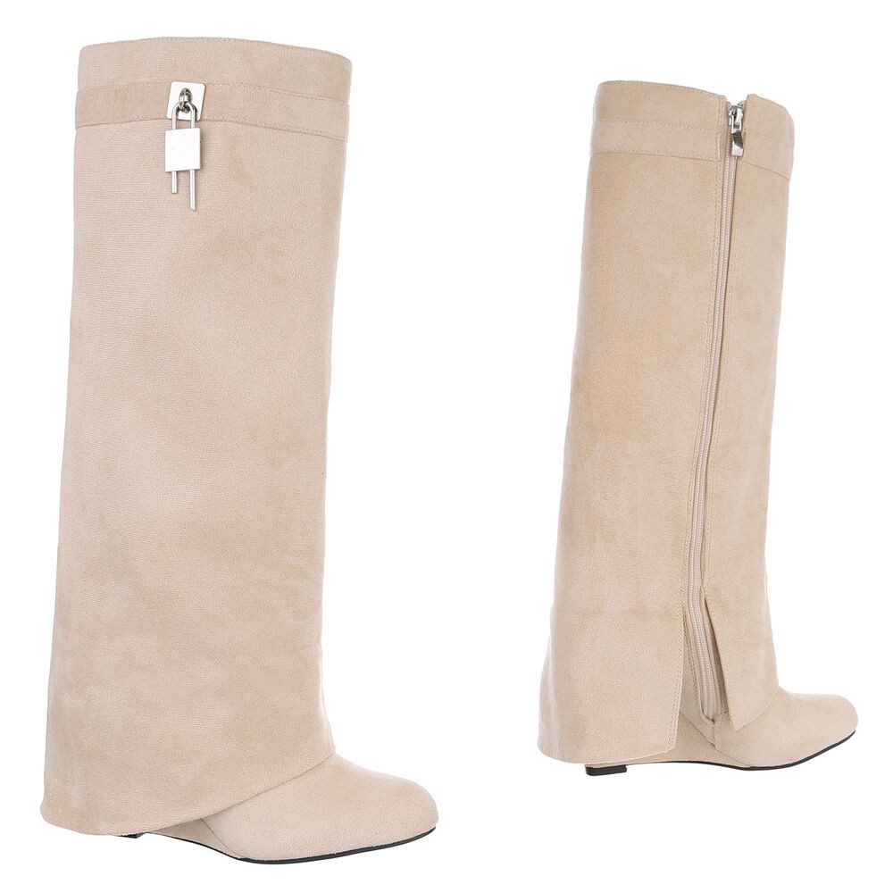 Ital-Design Elegante Überknie-Stiefel mit Komfort und modernem Design Keilstiefel (90458216) Keilabsatz/Wedge Stiefel in Beige