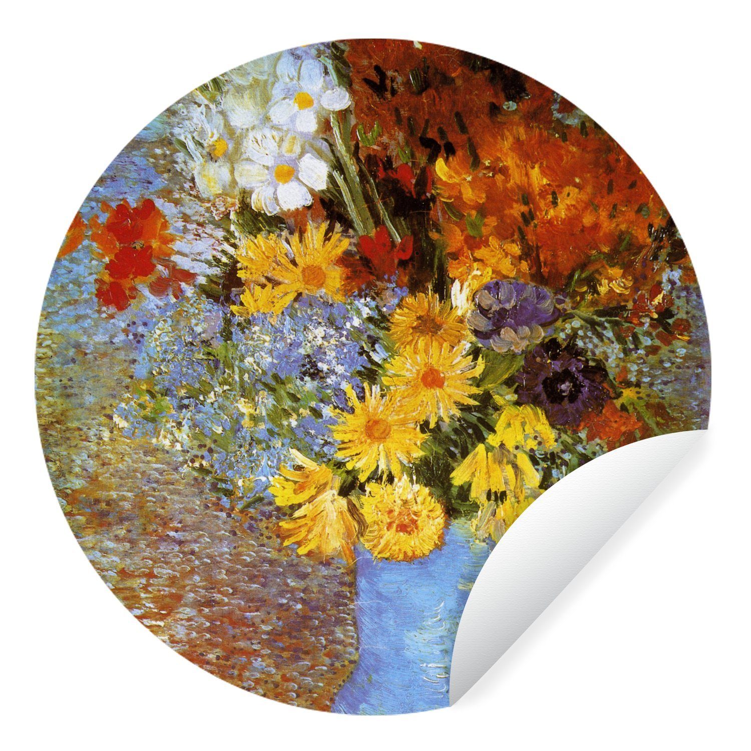 MuchoWow Wandsticker Vase mit Gänseblümchen und Anemonen - Gemälde von Vincent van Gogh (1 St), Tapetenkreis für Kinderzimmer, Tapetenaufkleber, Rund, Wohnzimmer
