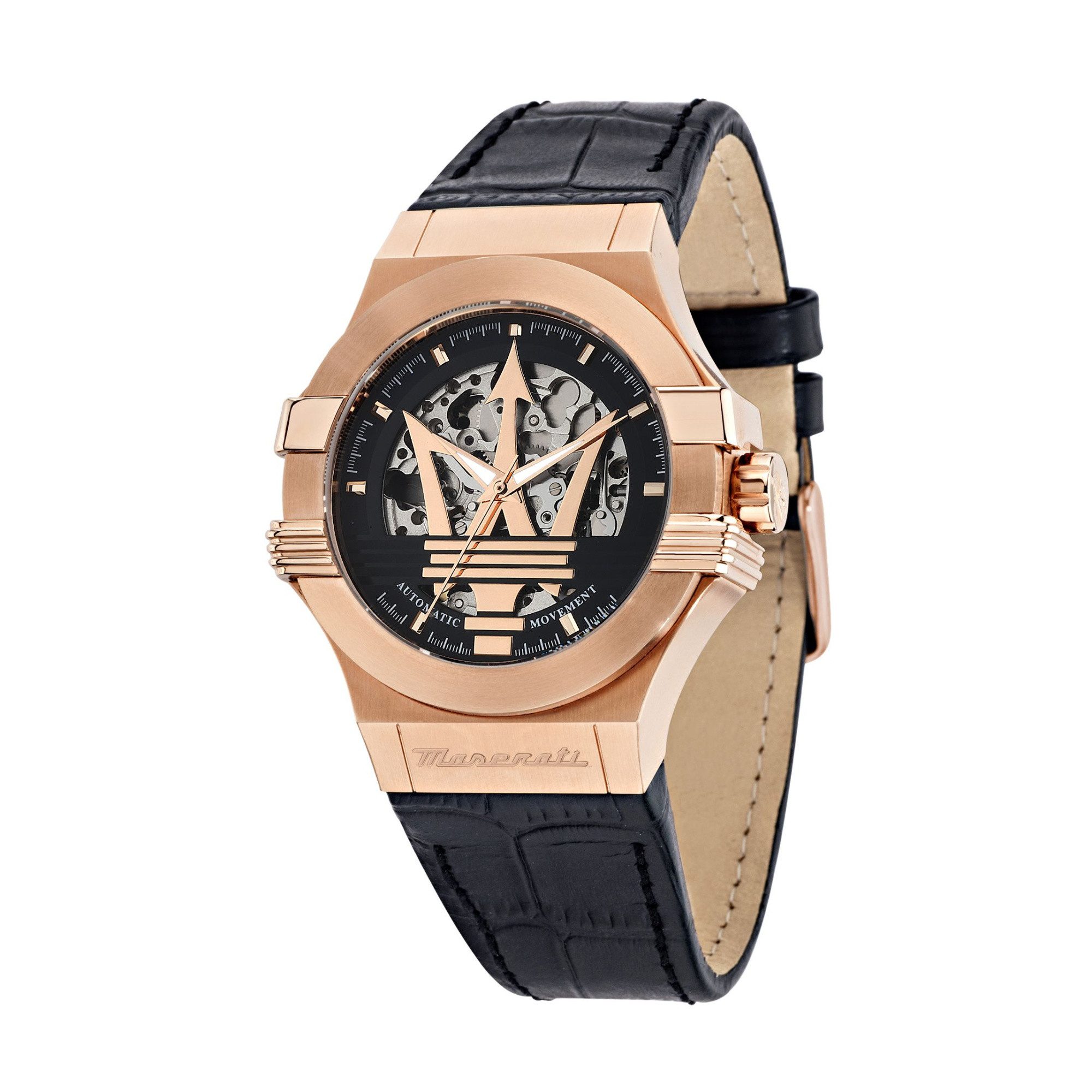 MASERATI Automatikuhr Potenza R8821108053, 42 mm – Herrenuhr mit skelettiertem Zifferblatt, PVD-Rosé-Gehäuse & Lederarmband