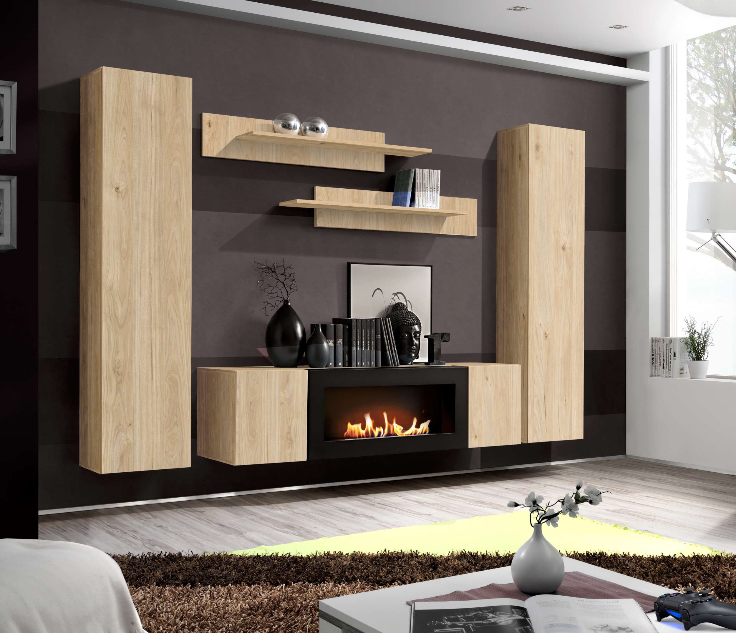 99rooms Wohnwand Fli M1, (Wohnzimmer-Set, Wohnmöbel), 2 x Hängeschrank, Lowboard mit Biokamin, 2 x Wandregal