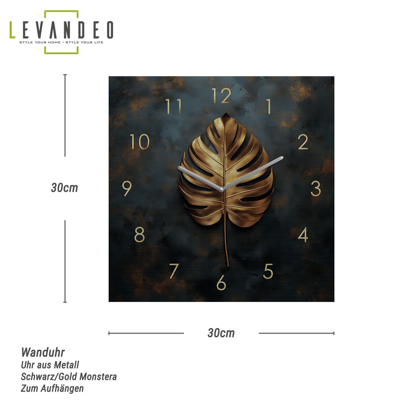 Levandeo® Wanduhr (Wanduhr 30x30cm Metall Schwarz Gold Wanddeko Monstera Bl günstig online kaufen