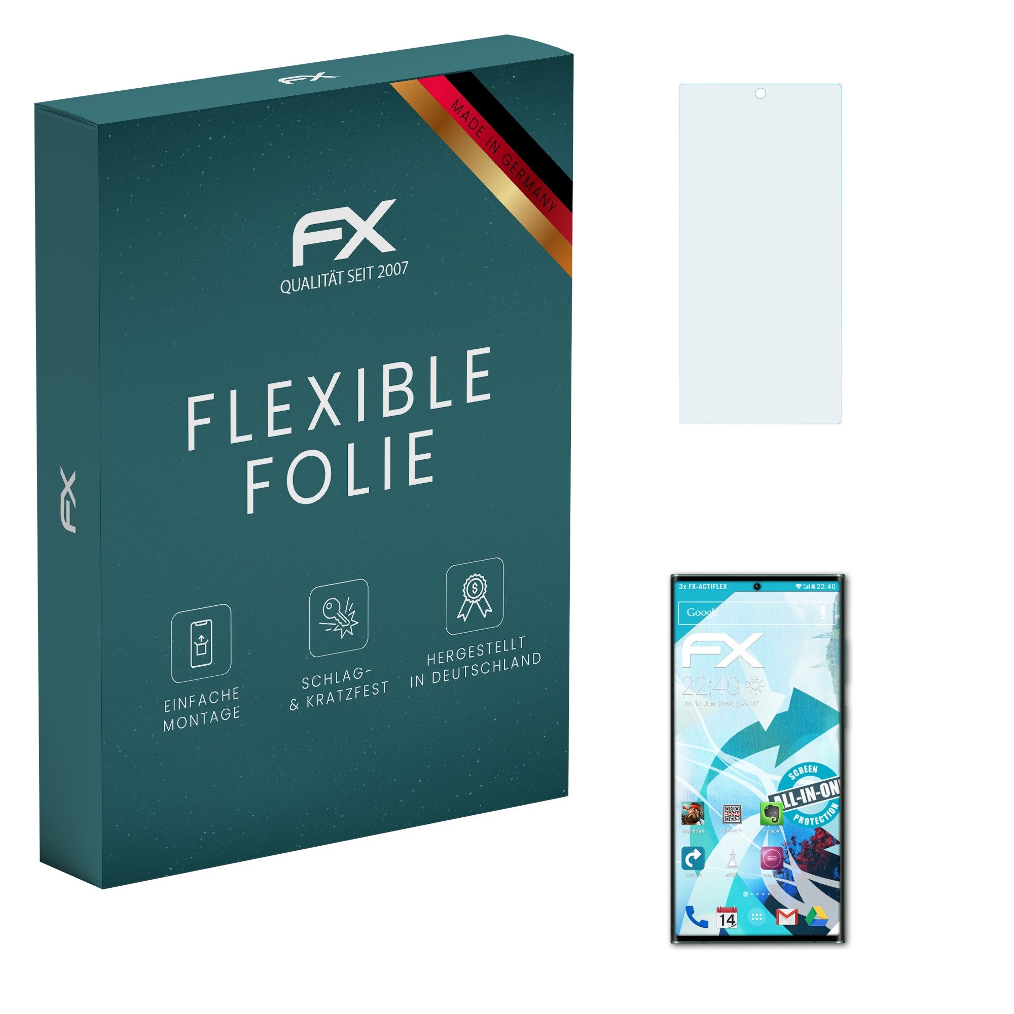 atFoliX Schutzfolie Displayschutzfolie für Samsung Galaxy S22 Ultra 5G, (3 Folien), Ultraklar und flexibel