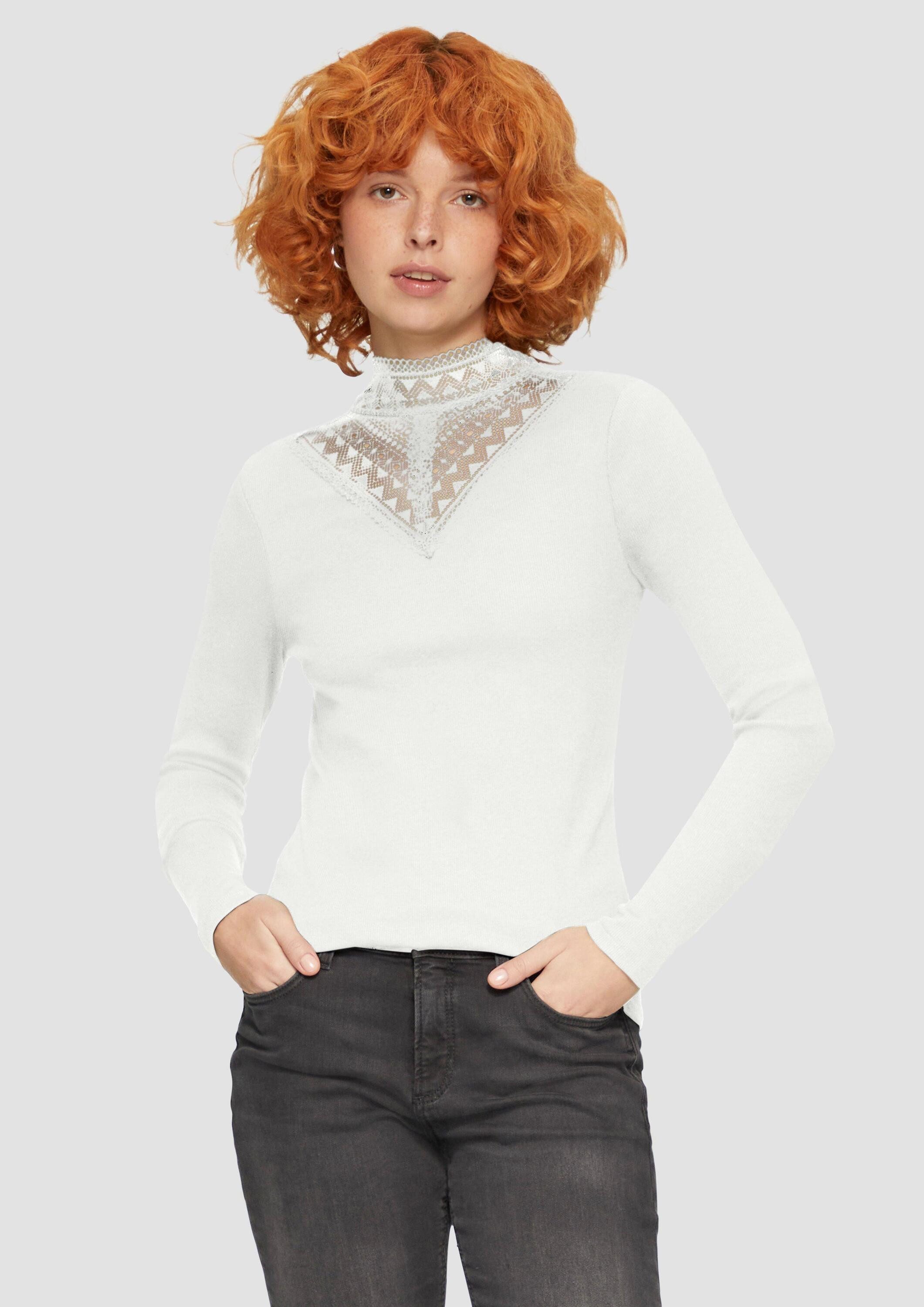 QS Langarmshirt T-Shirt Rippshirt mit Spitzeneinsatz und Stehkragen