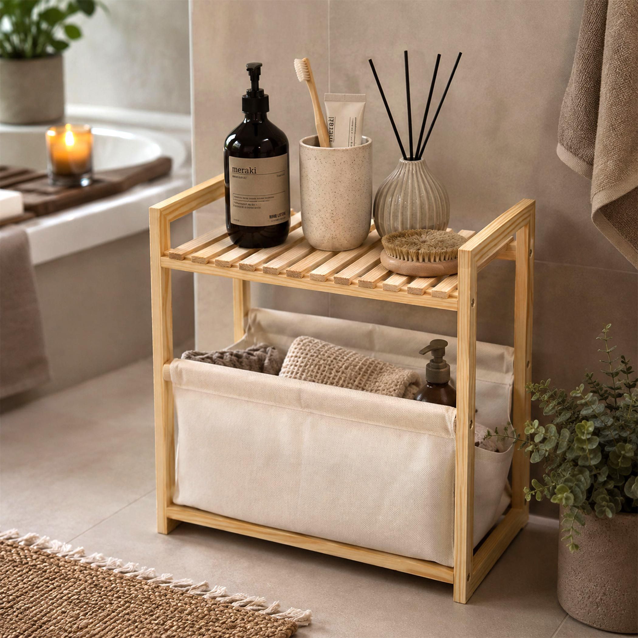 Spetebo Ablageregal Holz Badezimmerregal natur mit Stoffkorb, - 39 x 36 cm 1-tlg., Standregal im Scandi-Design klein mit Ablage und Korb – Bild 2 von 5