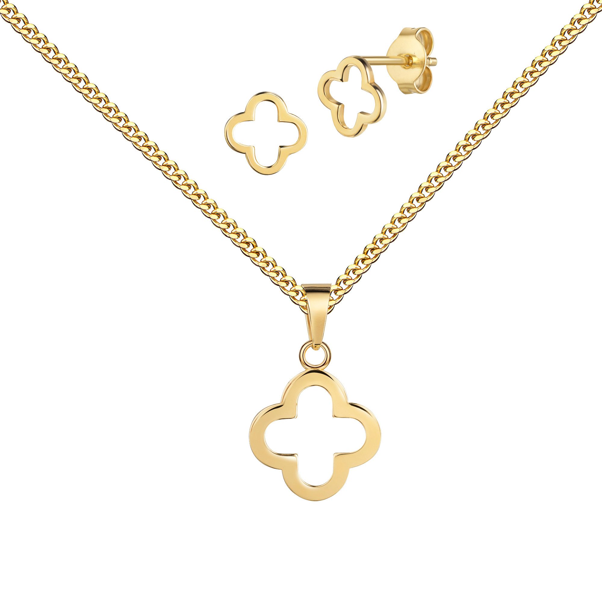 JEVELION Schmuckset Anhänger Kleeblatt mit 2x Ohrstecker 333 Gold (Goldanhänger + Gold-Ohrschmuck, für Damen), Mit Kette vergoldet- Länge wählbar 36 - 70 cm oder ohne Kette.