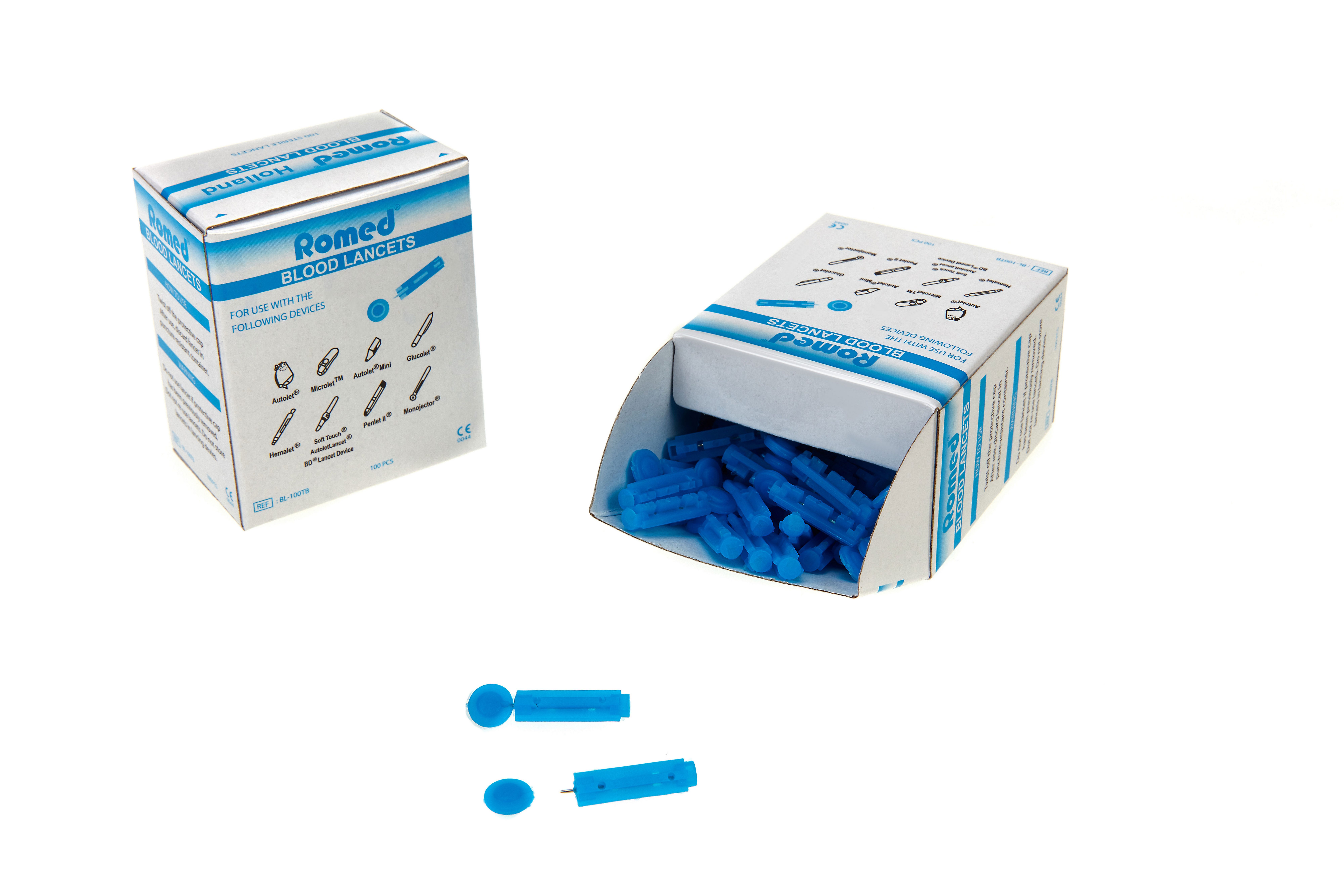 Romed Lanzetten Blutlanzetten für Stechautomat, Tri-bevel, blau, steril, 100 Stück, 100 St., 100 tlg.