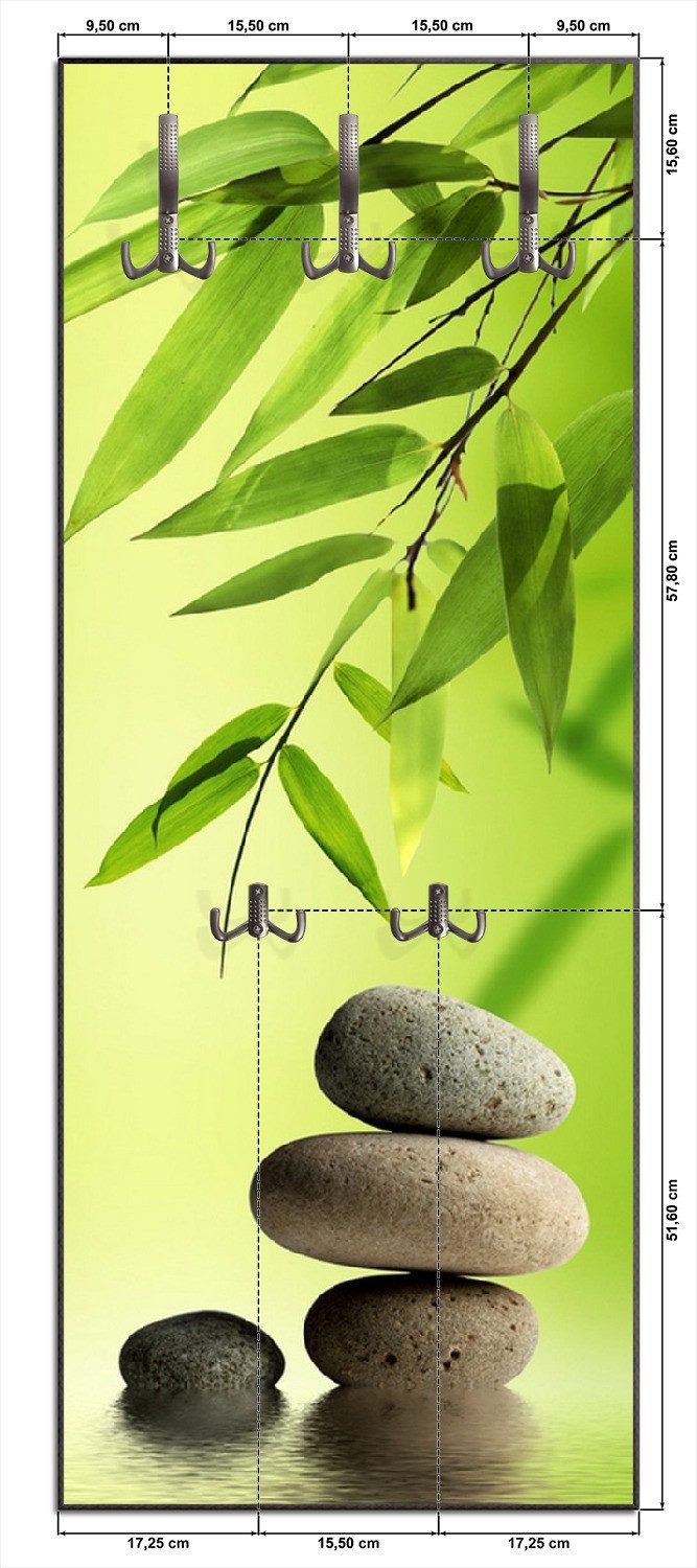 Wallario Garderobenpaneel Steinstapel im Grünen (1-teilig, inkl. Haken und Befestigung), 50x125cmHolz