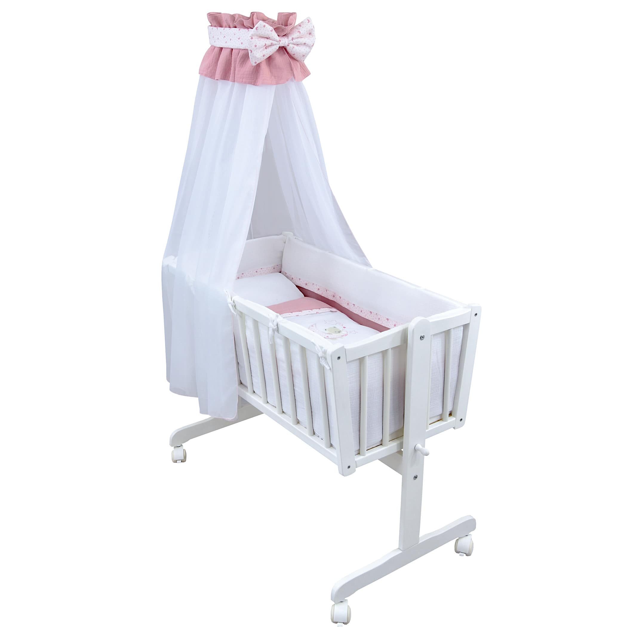 Baby-Delux Stubenbett Babywiege Komplettset Musseliin Bettset, Schaukelwiege Weiß 90x40cm Komplett Bettset Wiegenset