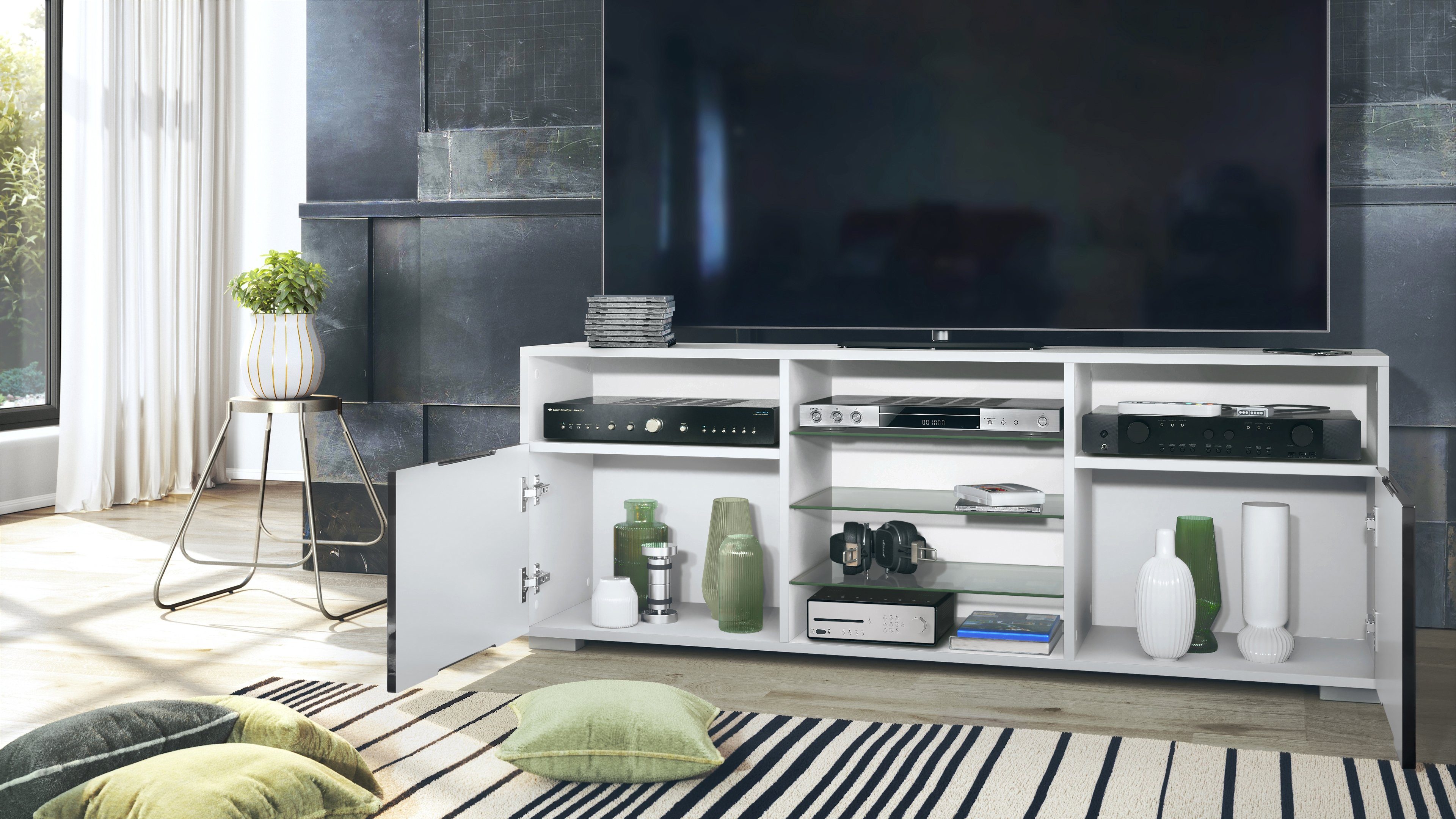 Vladon Lowboard Granada (TV-Kommode, mit 2 Türen und 6 offenen Fächern), Weiß matt, Denim matt