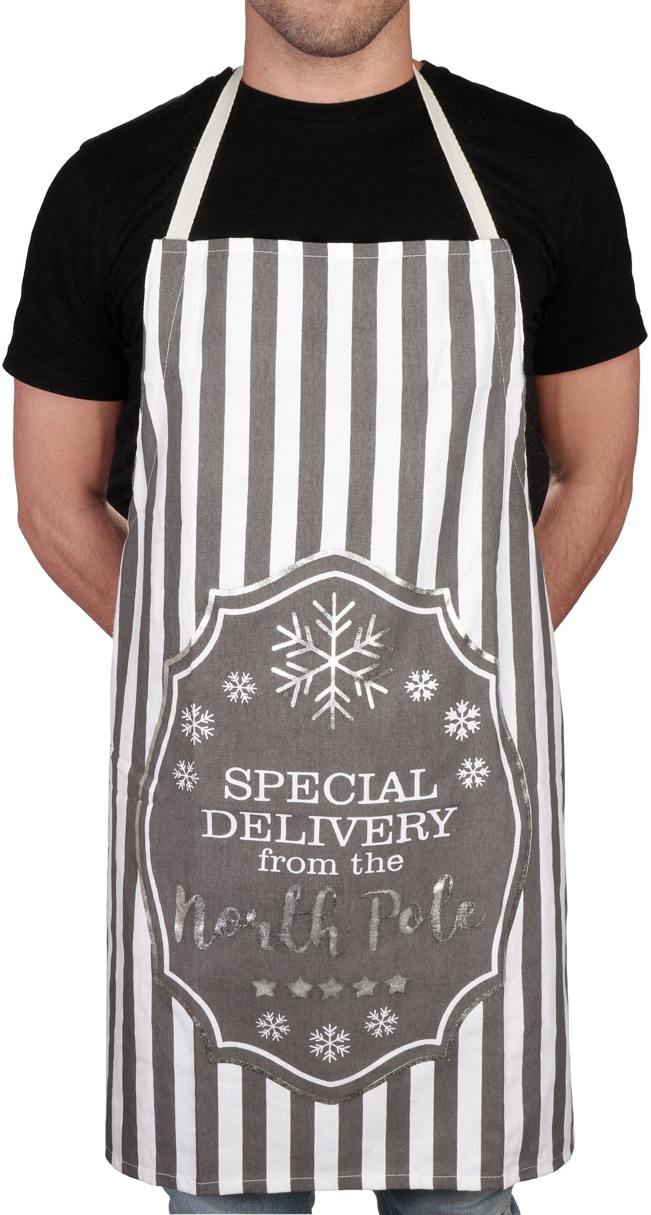 BRUBAKER Kochschürze Schürze - Special Delivery from the North Pole - Weihnachten, (1-tlg., Unisex Küchenschürze für Damen und Herren), One Size Weihnachtsschürze - Grau Weiß - Baumwolle