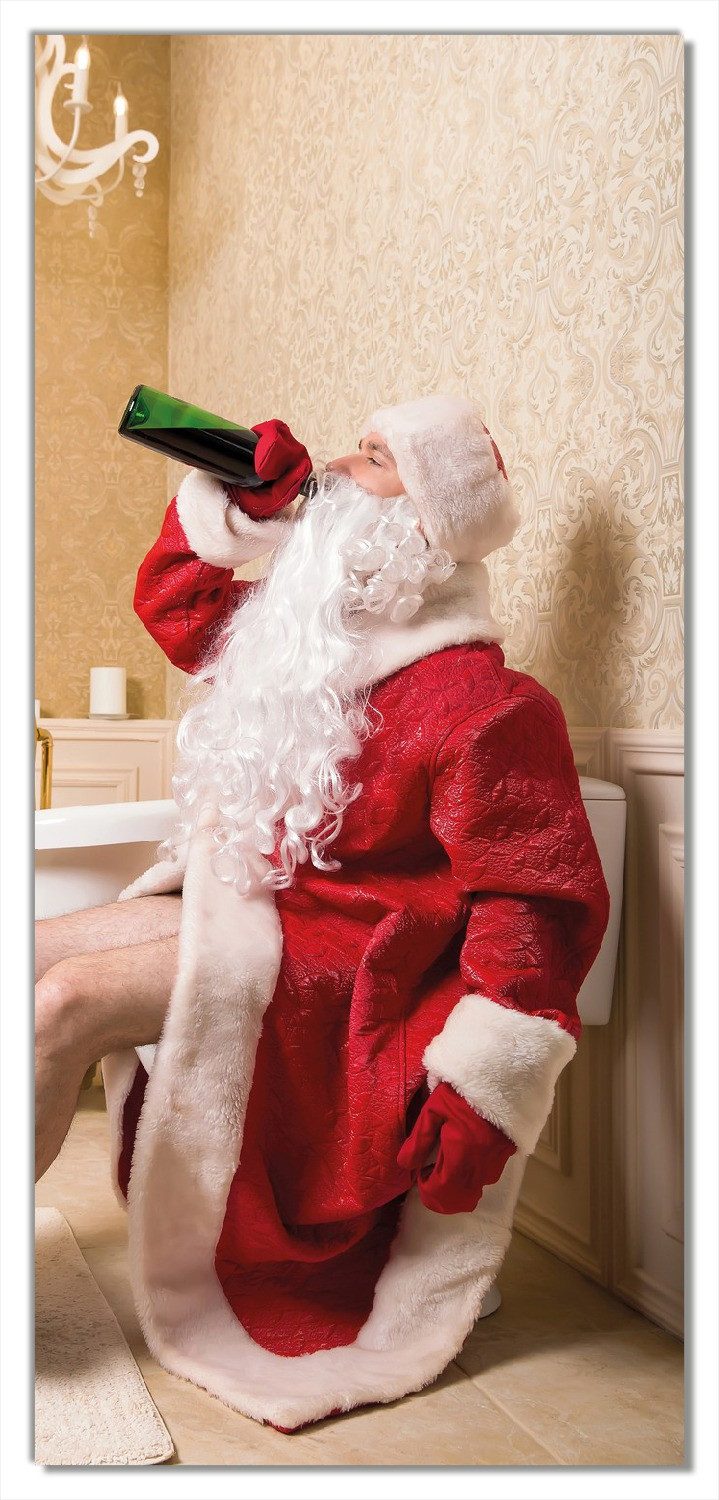 Wallario Türtapete Betrunkener Weihnachtsmann mit Weinflasche auf dem Klo, glatt, ohne Struktur