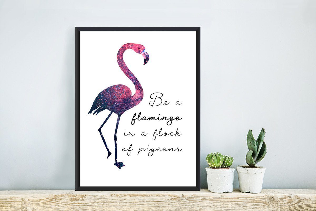 MuchoWow Poster Flamingo - Poster, Wandposter, Bilder, - Schwarzem (1 Glitzer Bilderrahmen Gerahmtes Rosa, Wanddeko, St)