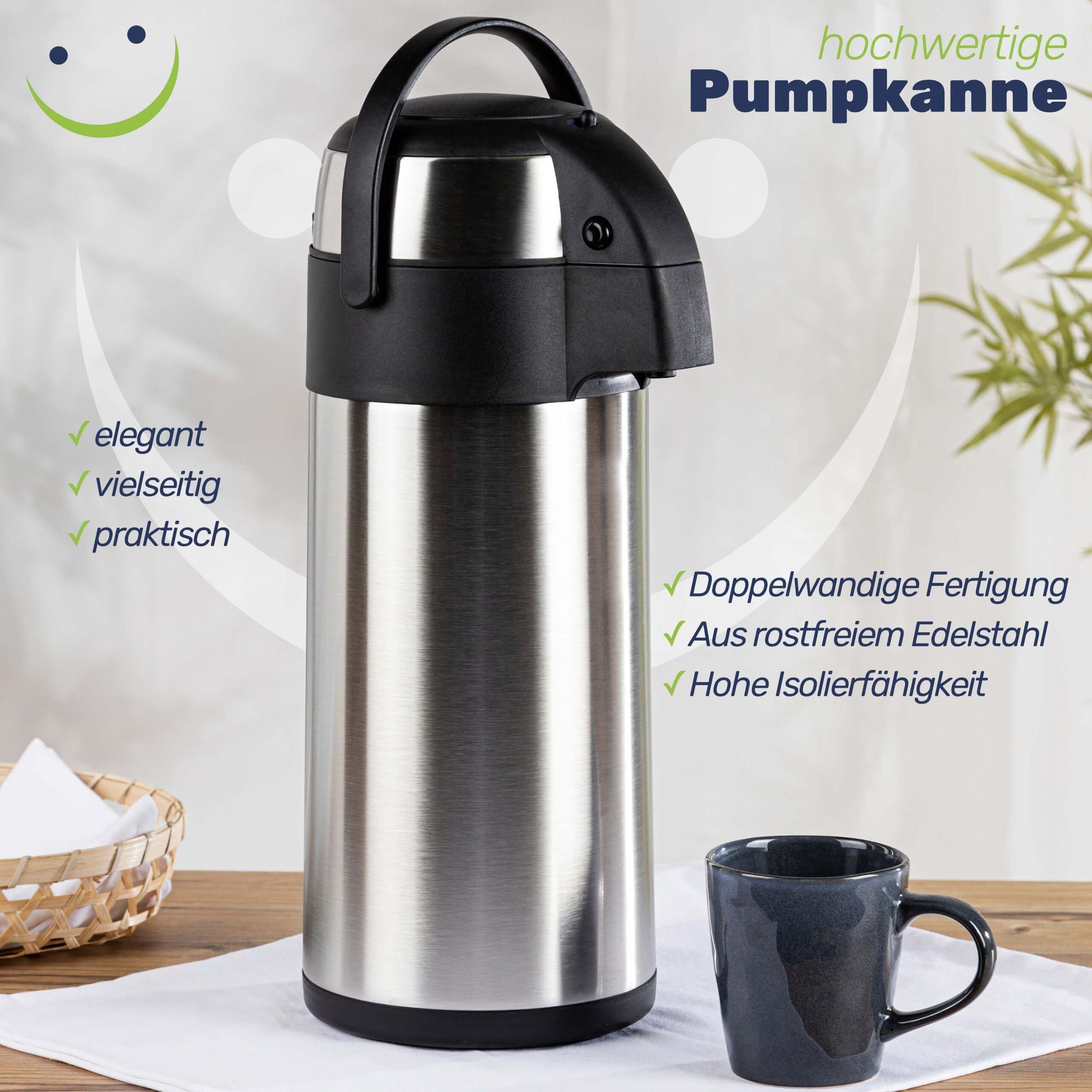 Gravidus Pump-Isolierkanne Edelstahl Airport Pumpkanne, 5 Liter- doppelwandig, auslaufsicher