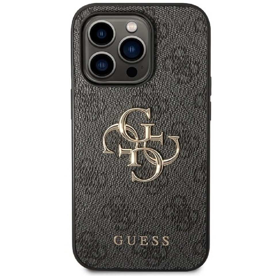 Guess Handyhülle Case iPhone 15 Pro Max Kunstleder grau mit goldfarben Logo 6,7 Zoll, Kantenschutz