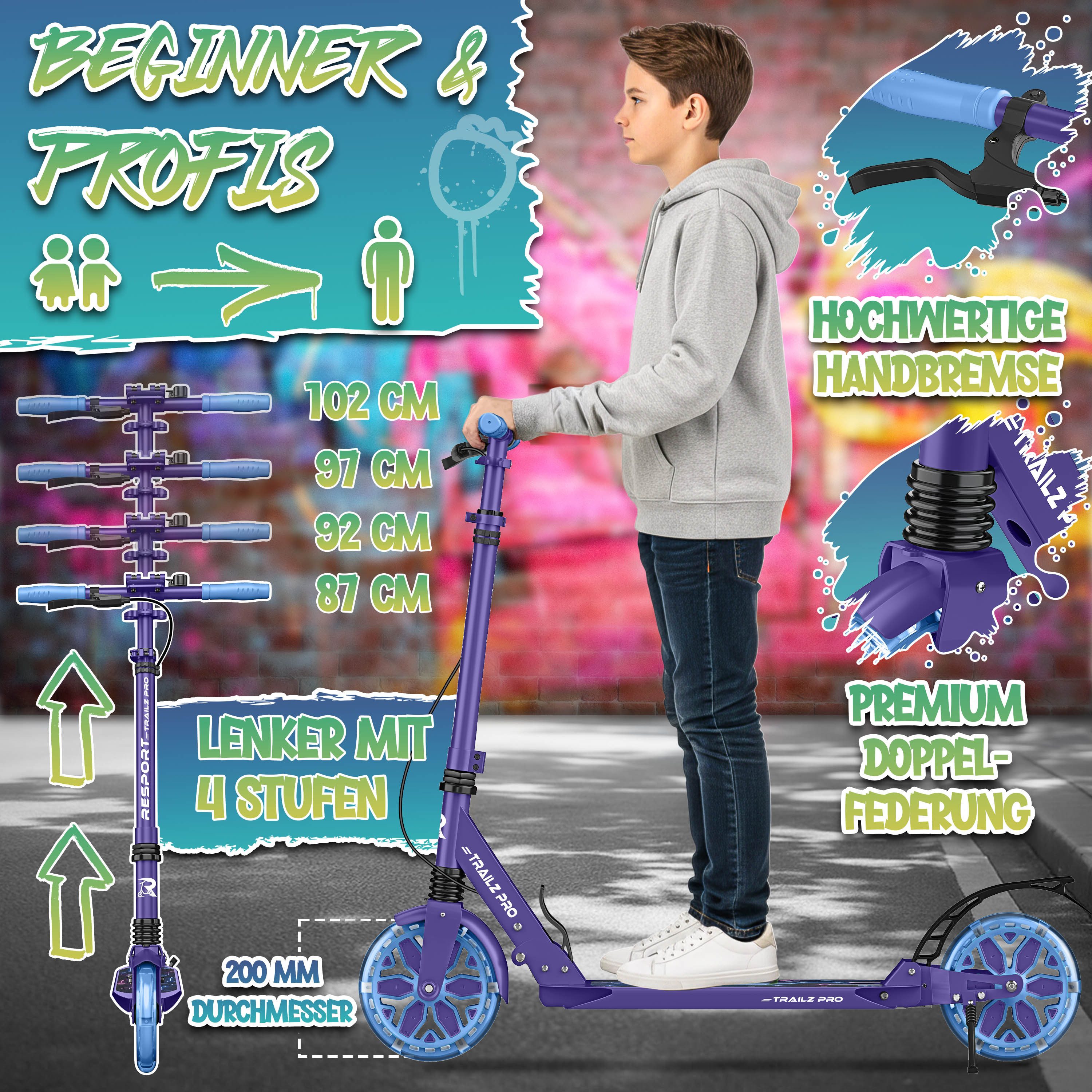 RE:SPORT Cityroller RE:SPORT® Trailz Pro Cityroller Scooter inkl. Tragegurt und Klingel, (Scooter höhenverstellbar & klappbar, Kickscooter Tretroller inkl. Handbremse & Doppelfederung), Cityroller für Kinder & Erwachsene mit LED, Klingel & Tragegurt