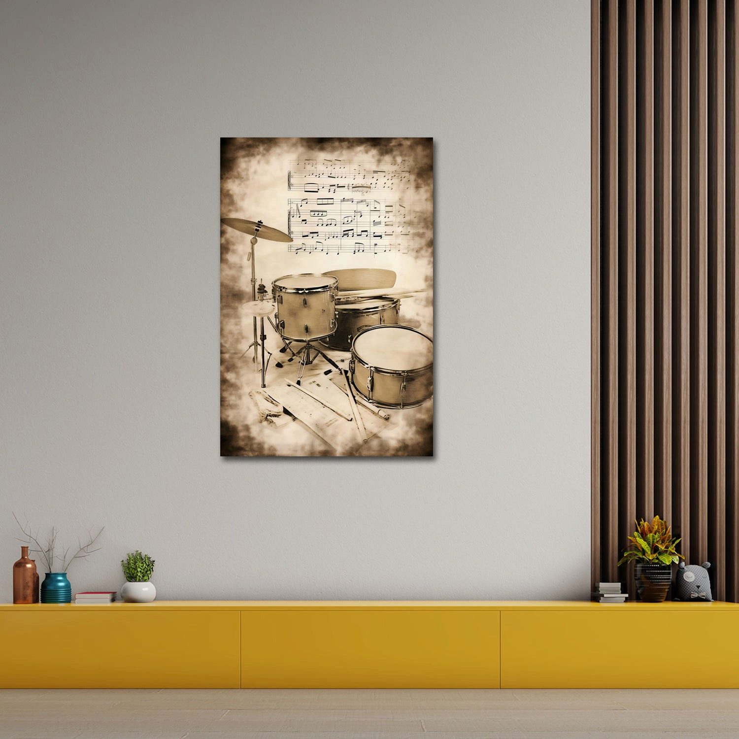 Artedinoi Leinwandbild Schlagzeug Instrument Notenblätter Wandbild Leinwandbild Kunstdruck XL, Schlagzeug mit Notenblättern