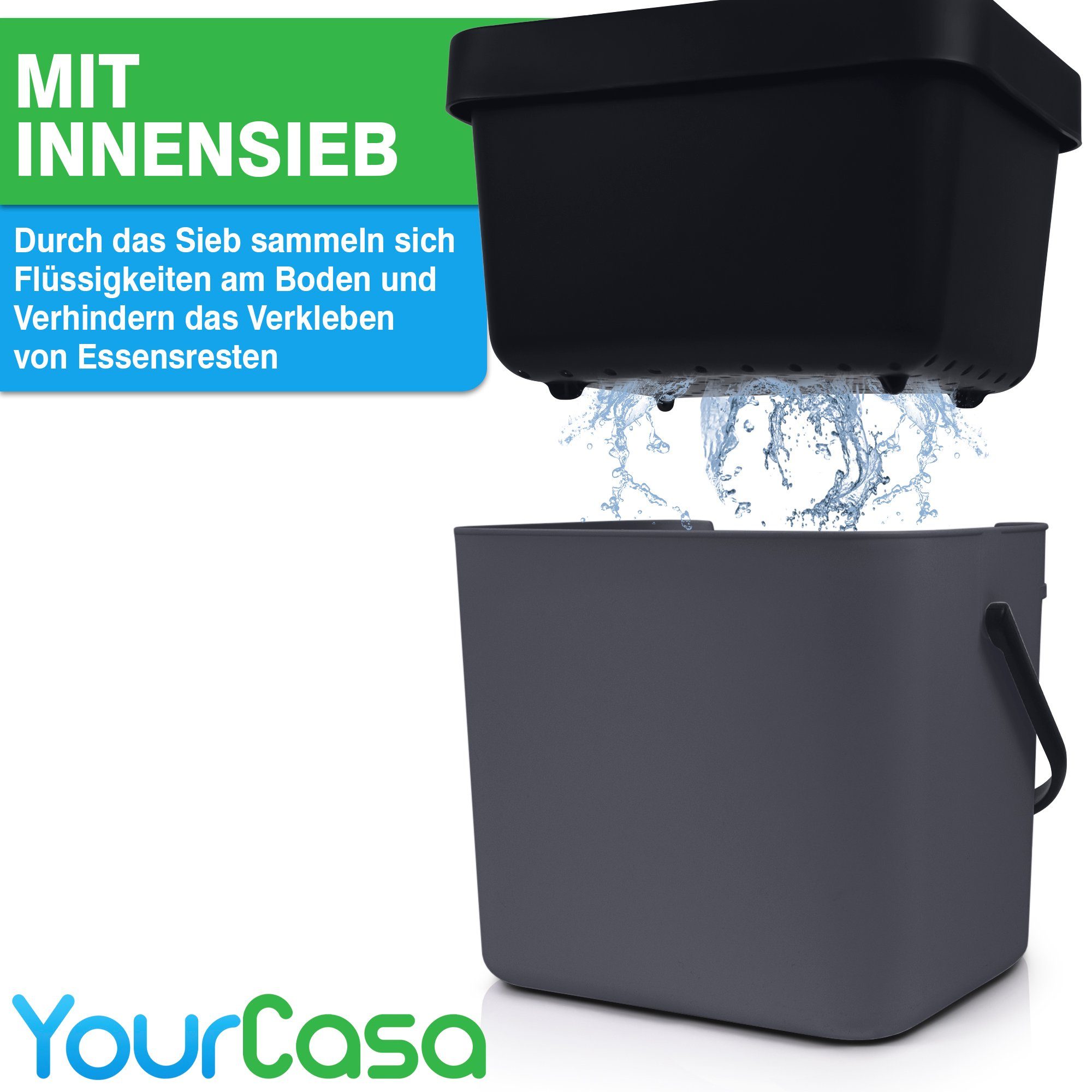 YourCasa Biomülleimer Küche 7L mit Halterung, Sieb und Deckel, 7 Liter, Mit Halterung