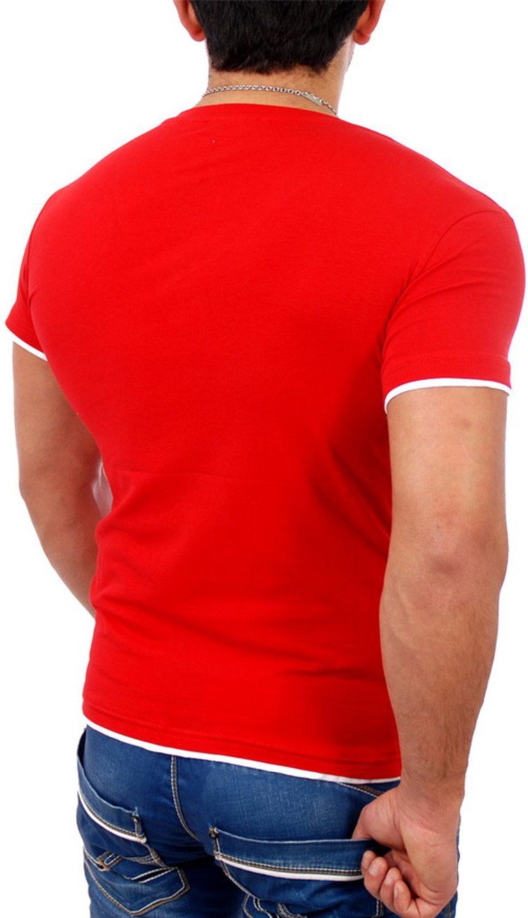 V-Auschnitt T-Shirt (1-tlg) Optik Layer Reslad rot-weiß Reslad RS-5050 Herren Miami T-Shirt Shirt