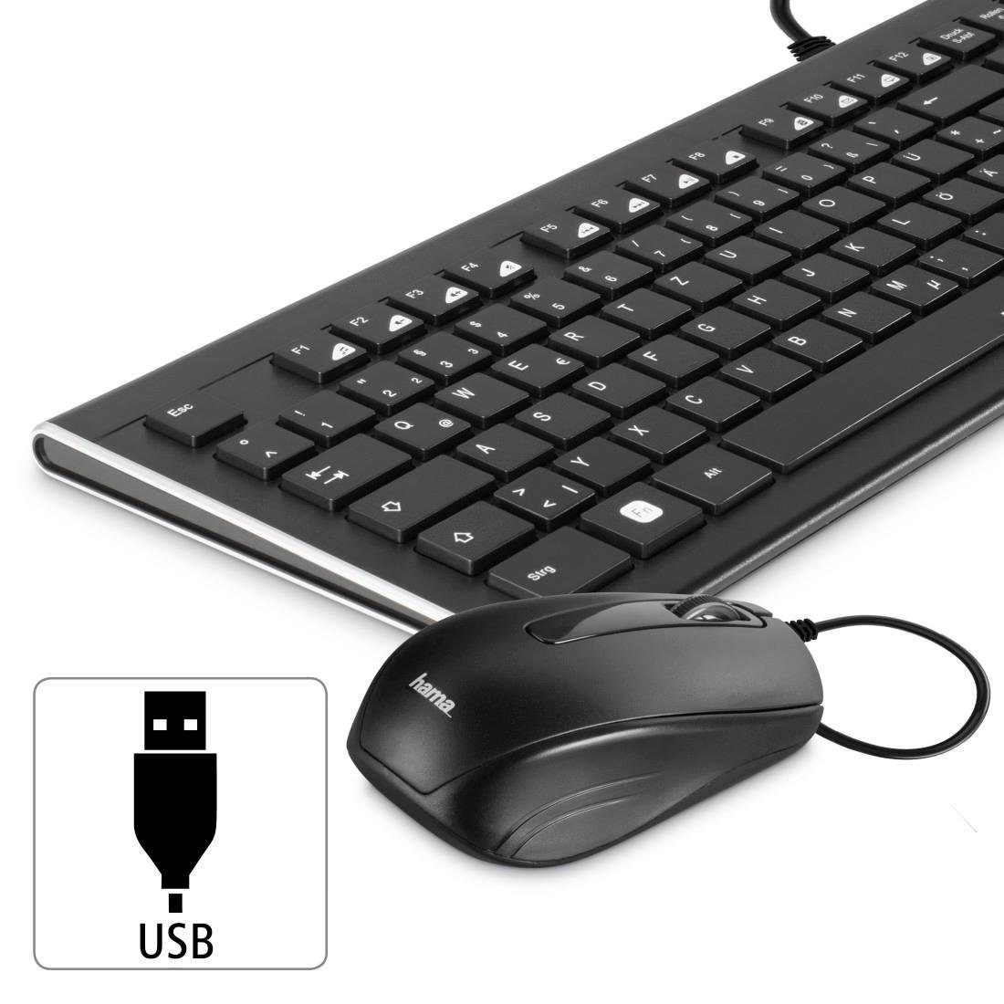 Tastatur- Hama USB-A-Stecker Tastatur-/Maus-Set und Schwarz Cortino kabelgebunden Maus-Set