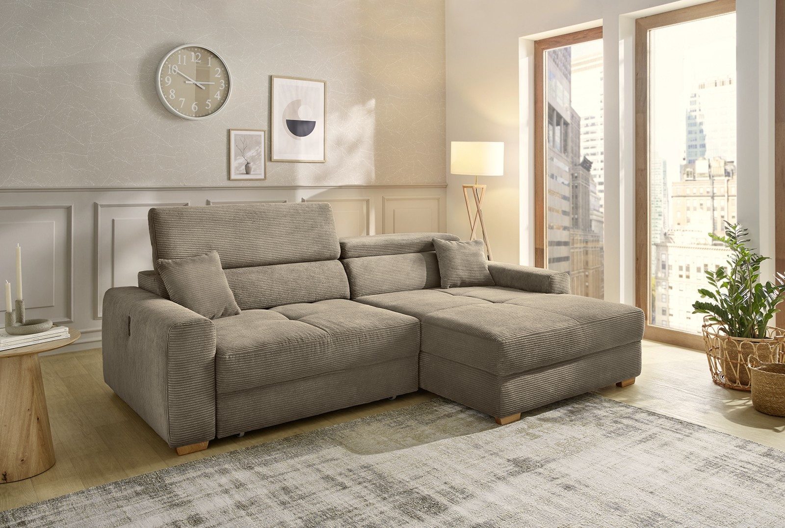 luma-home Ecksofa 15401, mit elektrischer Sitztiefenverstellung und höhenverstellbaren Kopfstützen B277/H187/T109 cm, USB-A und USB-C Ladeport, seitenverkehrt montierbar, Cord Braun Taupe