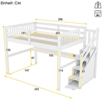 FUROKOY Hochbett Kinderbett mit Stauraumschubladen und Arbeitstisch,Weiß (Platzsparendes Bett für Schlafzimmer mit Fallschutzgitter und Treppe) Massivholzbett mit Lattenrost, Bettgestell 90 x 200cm