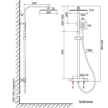 Auralum Duschsystem mit Thermostat Duscharmatur Regendusche Massage Duschset Handbrause, Regendusche Höhenverstellbar, Anti-Verbrühung-Duschsystem, Schwarz