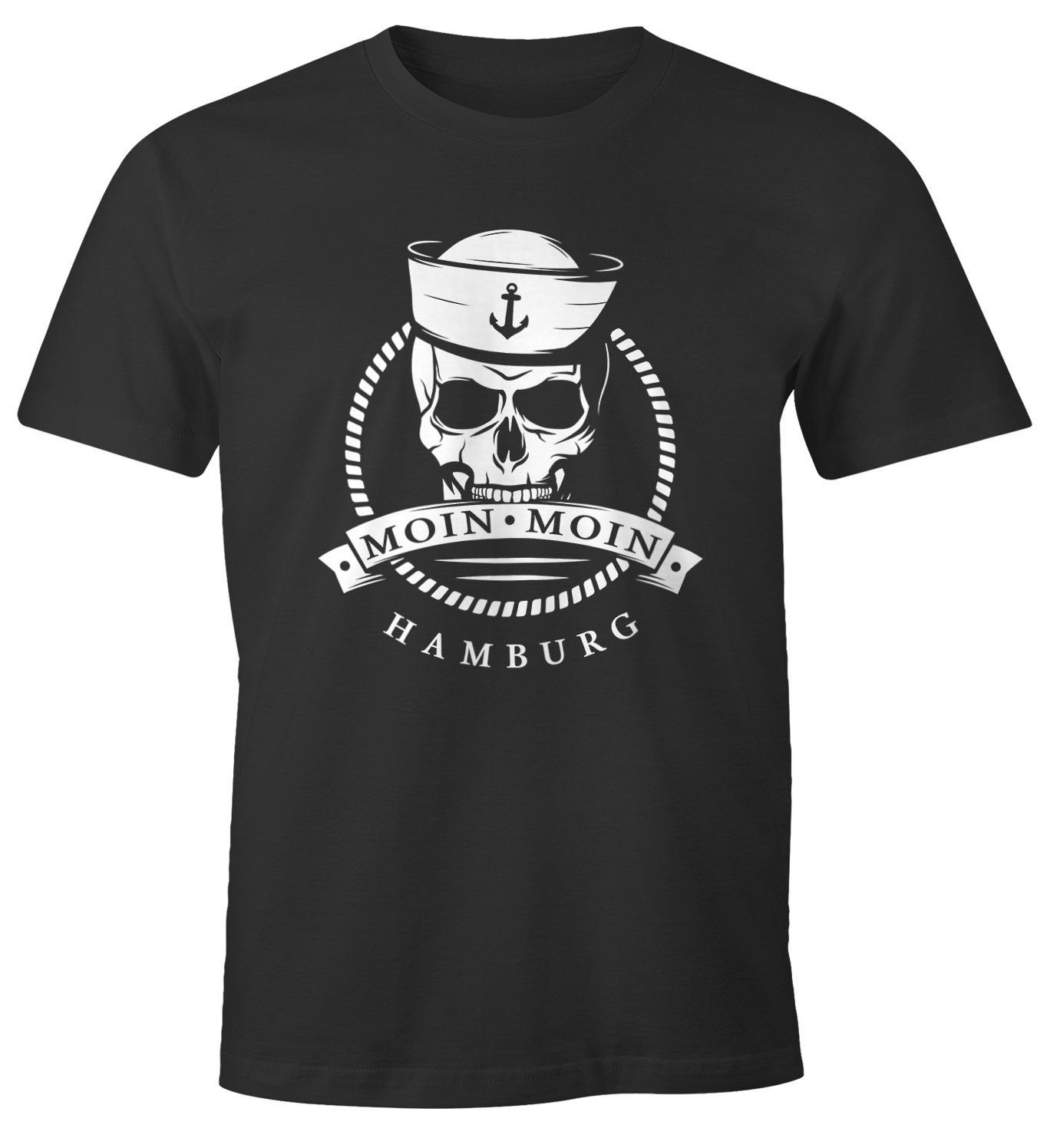 MoonWorks Print-Shirt Herren T-Shirt Totenkopf Matrose Anker Motiv Skull Emblem Schriftzug Moin Moin Hamburg Fun-Shirt Spruch Moonworks® mit Print schwarz