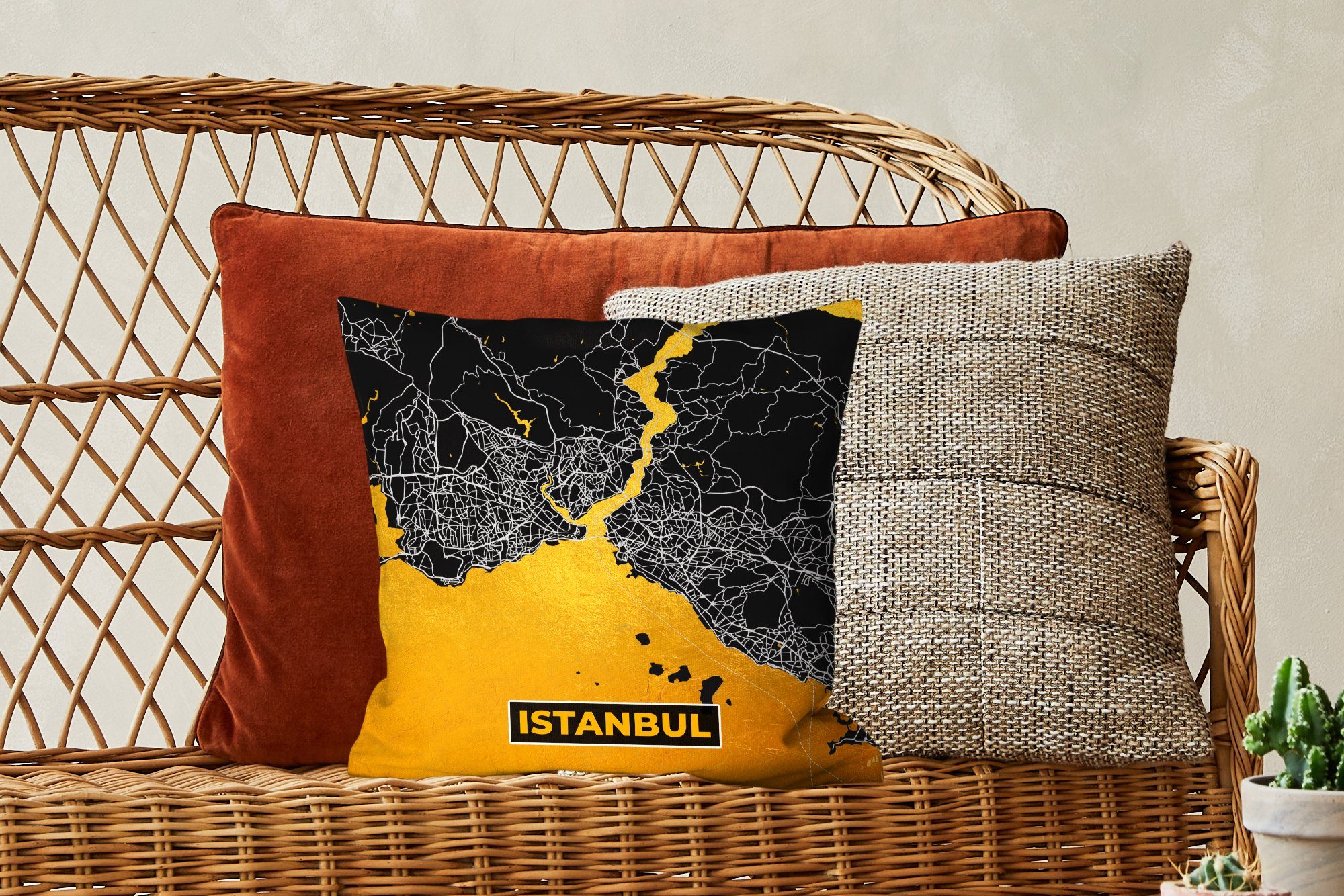 MuchoWow Dekokissen - - mit Schlafzimmer, - Gold Deko, Wohzimmer, für Sofakissen Karte, Zierkissen Füllung Stadtplan Istanbul