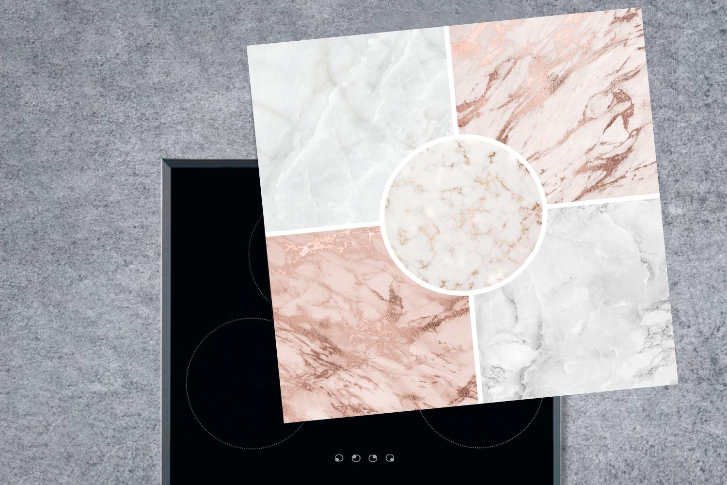 Arbeitsplatte Weiß, Ceranfeldabdeckung, Vinyl, für küche tlg), 78x78 Herdblende-/Abdeckplatte - Rosa Marmor cm, (1 - MuchoWow