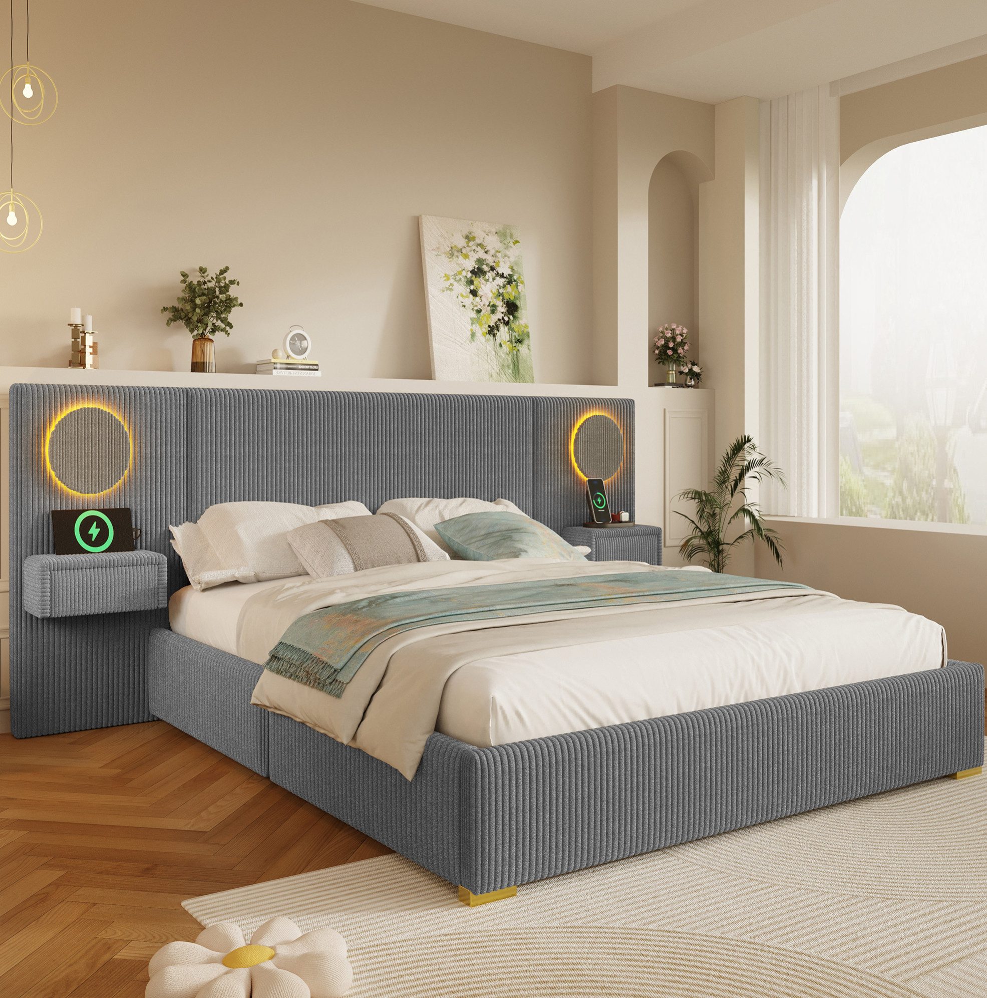MODFU Polsterbett Bett mit Kopfteil aus Samt und LED Licht 180×200 cm Ohne Matratze (Packung, 1-tlg., Doppelbett Design Möbel mit Schubladen für moderne Schlafzimmer Grau), Schlafbett mit USB Port und integrierten Ablagen am Kopfbereich