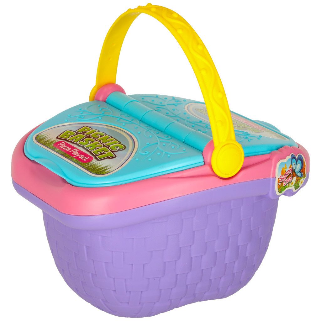 Ikonka Picknickkorb Spielkorb Kinderküche Rollenspiel (Spar-Set, 1 St., 24 x 19 x 15 cm bunt), Pizza-Spielset, zwei Klappen, Tragegriff