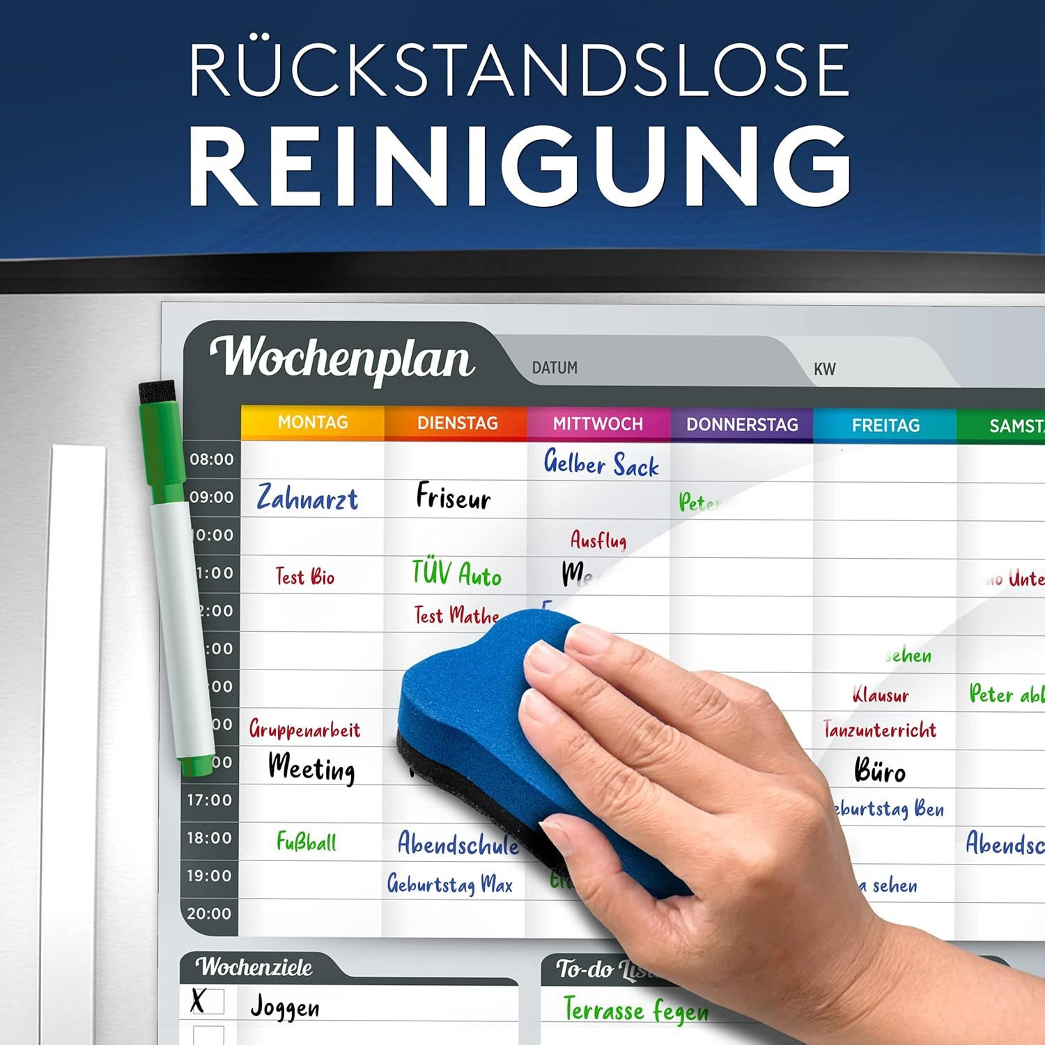 CREATEST Magnettafel Magnetischer Wochenplaner 40x30 cm inkl. 4 Stifte & Schwamm, Abwischbares Magnetboard mit Speiseplan für Kühlschrank & Familie – Bild 3 von 5